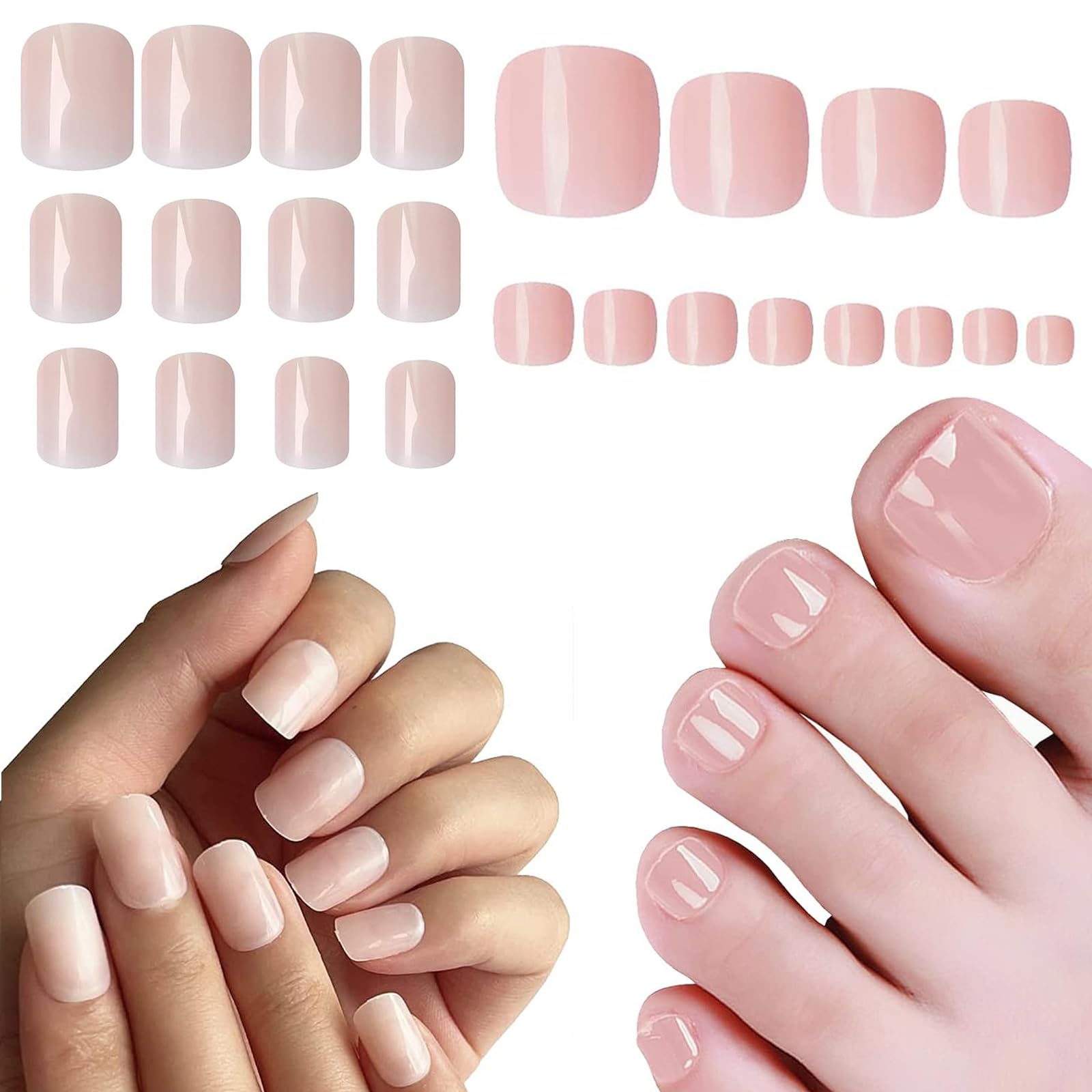 Short Press on Nails Toenails Kit 360pcs Full Cover Glossy Nude Pink Fake Nails with 10 Sheets Adhesive Glue Tabs for Women Girls…