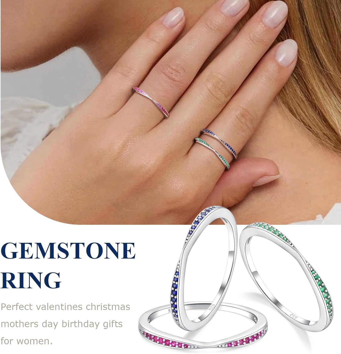 Channel Set Moissanite/Blue Sapphire/Emerald/Ruby Wedding Band 925 Sterling Silver 2mm Width Stackable Birthstone Rings for Lover Women Bow Ring, Size 6 to 10 (Send Gift Box) - Image 5