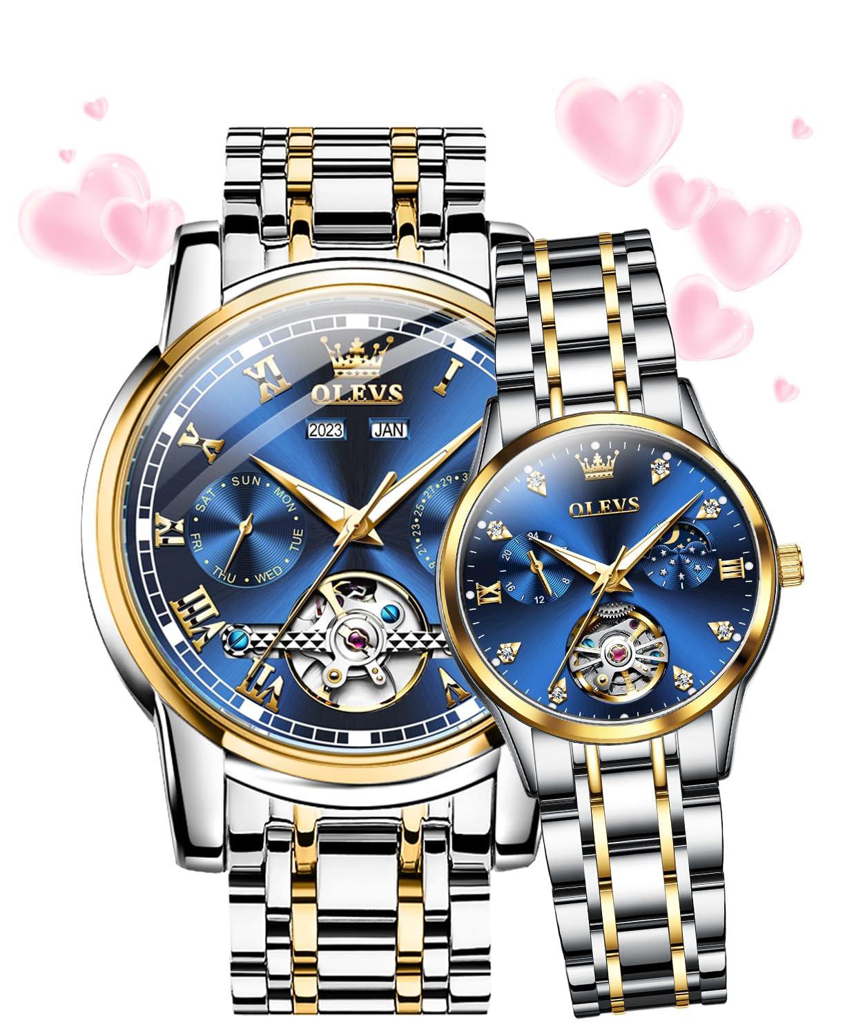 OLEVS Pärchen-Uhren für Damen und Herren, automatische Uhr für Sie und Ihn, mechanischer Abschleppton, Edelstahl, wasserdicht, leuchtend, Datumsanzeige
