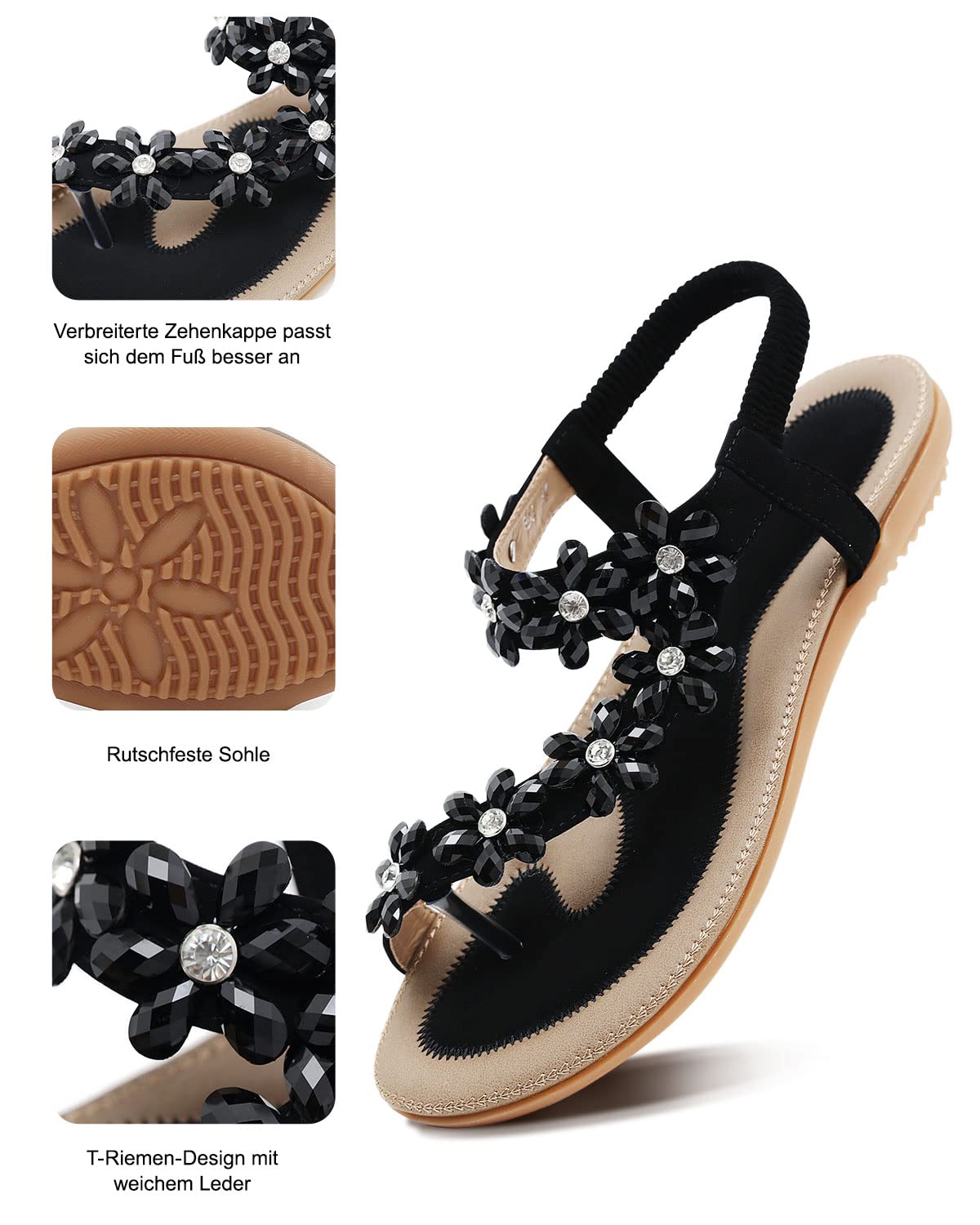 Sandales Femmes Plates Été Chaussures éLastiques Plage BohèMe Strass Fleurs Femme Confortable PU Tongs Orteils SéParateurs
