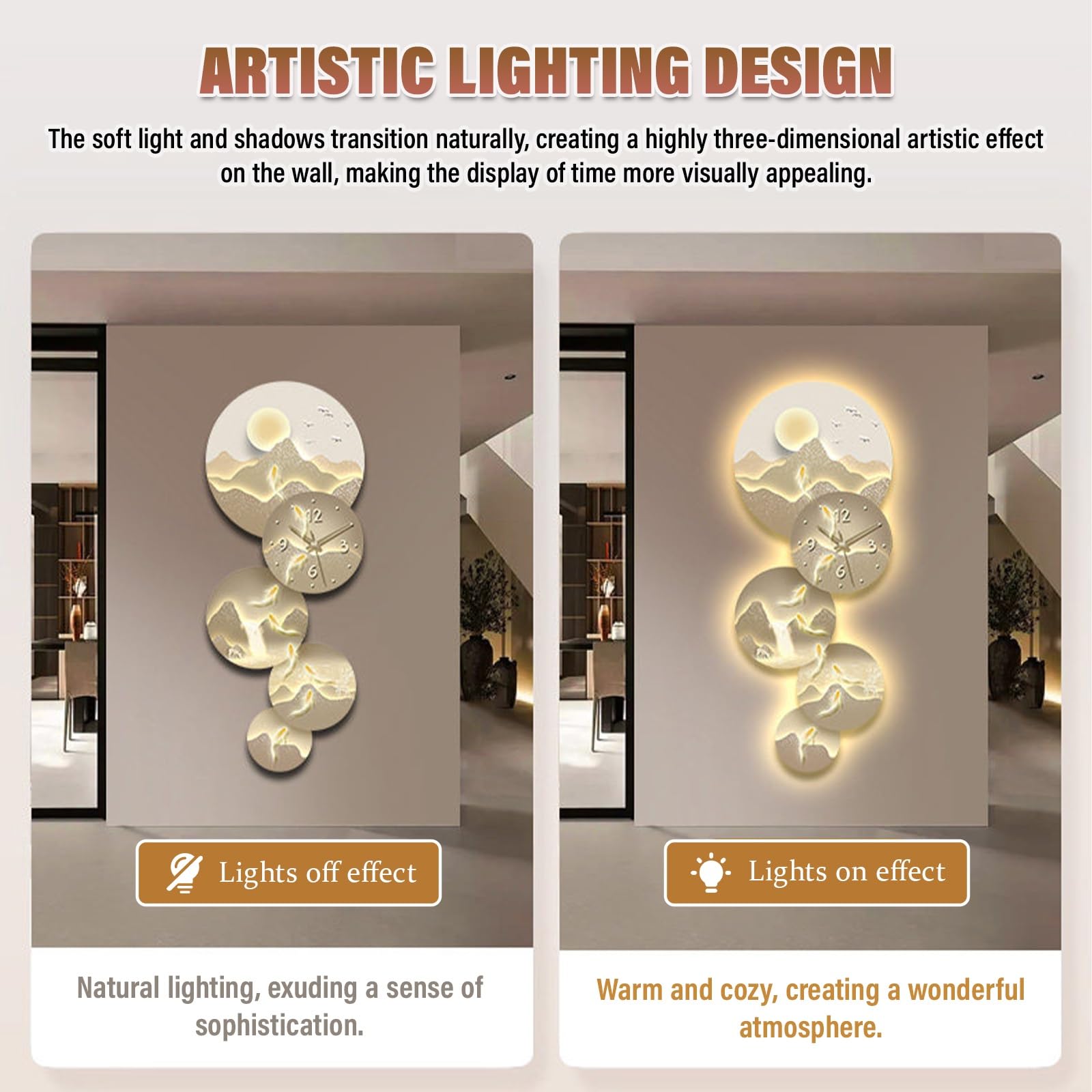 Orologio decorativo da parete 3D, orologio creativo silenzioso con luce LED, scultura decorativa moderna per soggiorno, camera da letto, ufficio, corridoio, ingresso