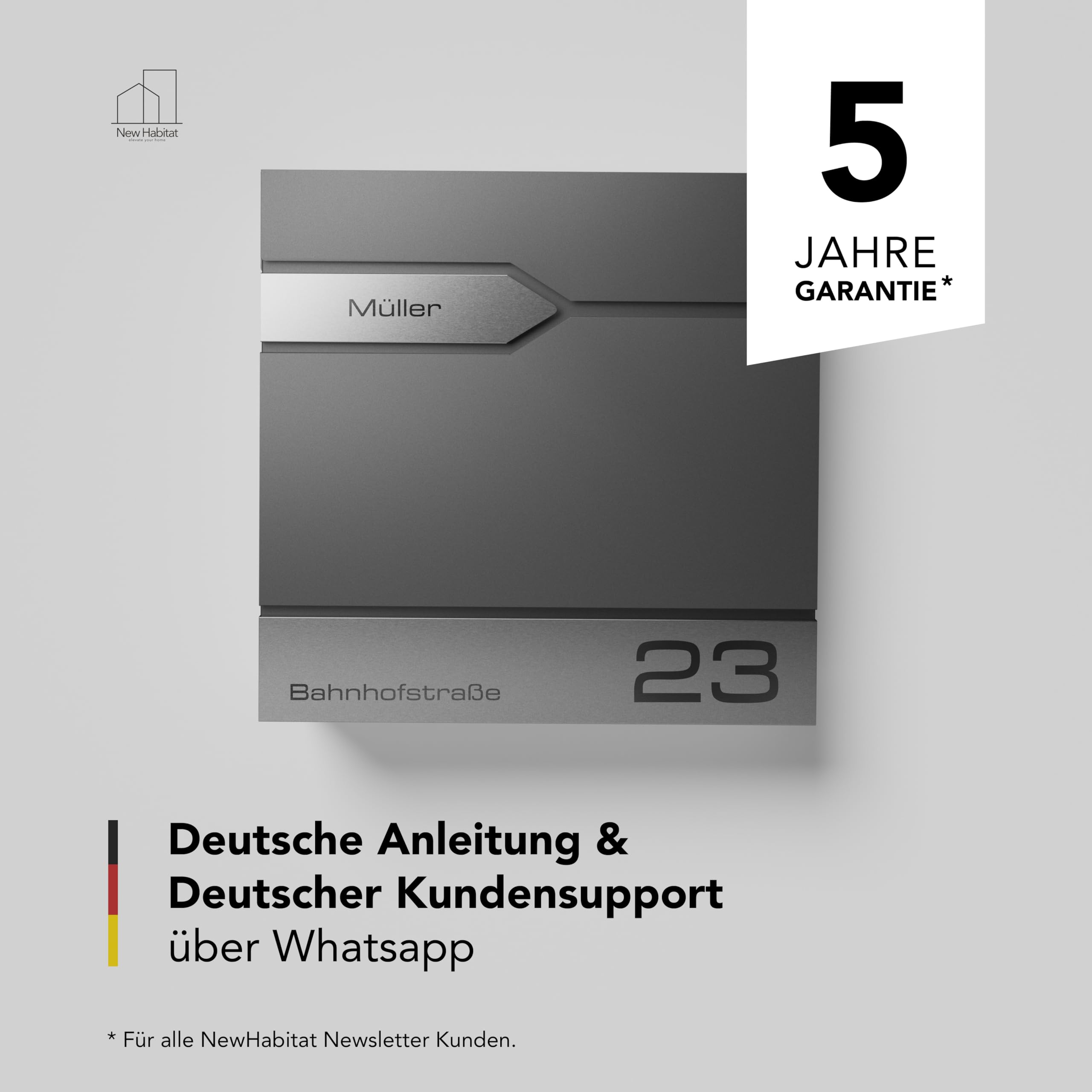Moderner Briefkasten Personalisierbar Sydney Anthrazit RAL7016 - mit Zeitungsfach - Wandbriefkasten mit Edelstahl Namensschild und Hausnummer Gravur I Rostfrei und UV-beständig (Mit Gravur)