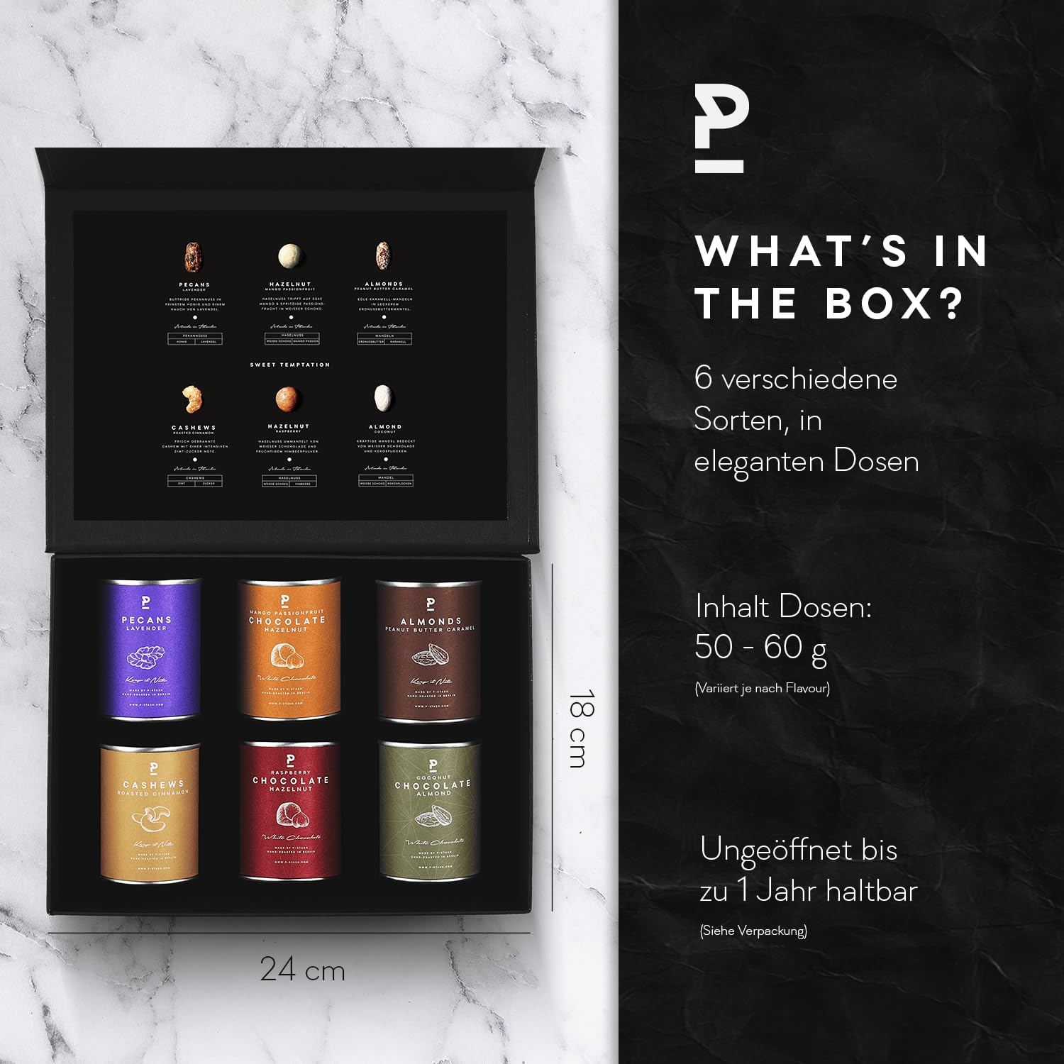 P-Stash Black Box Nussmischung Sweet Temptation - 6er Box Nüsse Mix - Pekannüsse, Haselnüsse, Mandeln & Cashews - Mixed Nuts mit einzigartigen Gewürzkombinationen, handgeröstet in Berlin