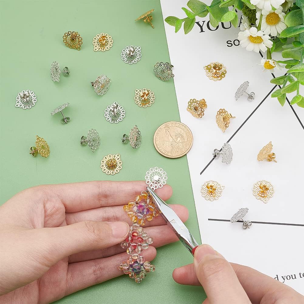 UNICRAFTALE About 24pcs Bohemian Stud Earring with Loop Stainless Steel Filigree Hollow Ear Stud Component with Stoppers Ear Nuts 0.7mm Pin Earring Posts for Jewelry Making - Image 4