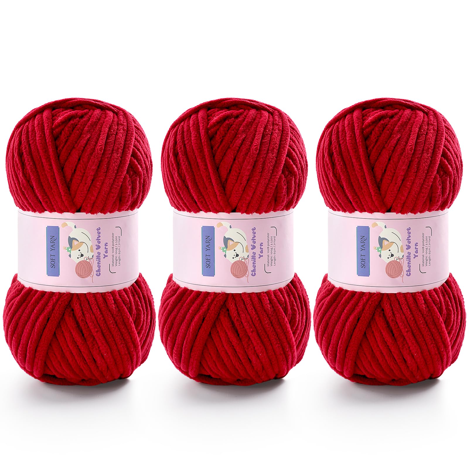Chunky Chenille Yarn for Crocheting, #6 Red Baby Blanket Yarn for Crochet