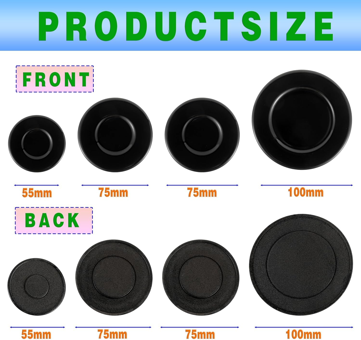 Pumixiy Set di 4 cappucci per fornelli a gas, 55 mm, 75 mm, 100 mm, kit con coperchio a fiamma, adatto a bruciatori di varie dimensioni (piatto