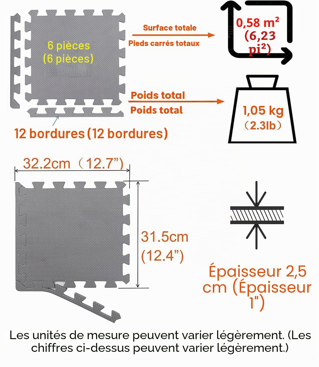 Tapis de Sol Fitness 2,5cm Épais – Dalles Mousse EVA Antidérapantes 32x32cm avec Bords | Lot de 6 – Gris – 0,61 m² | Tatami Puzzle Protection Sol Musculation, Garage, Piscine, Salle de Jeux