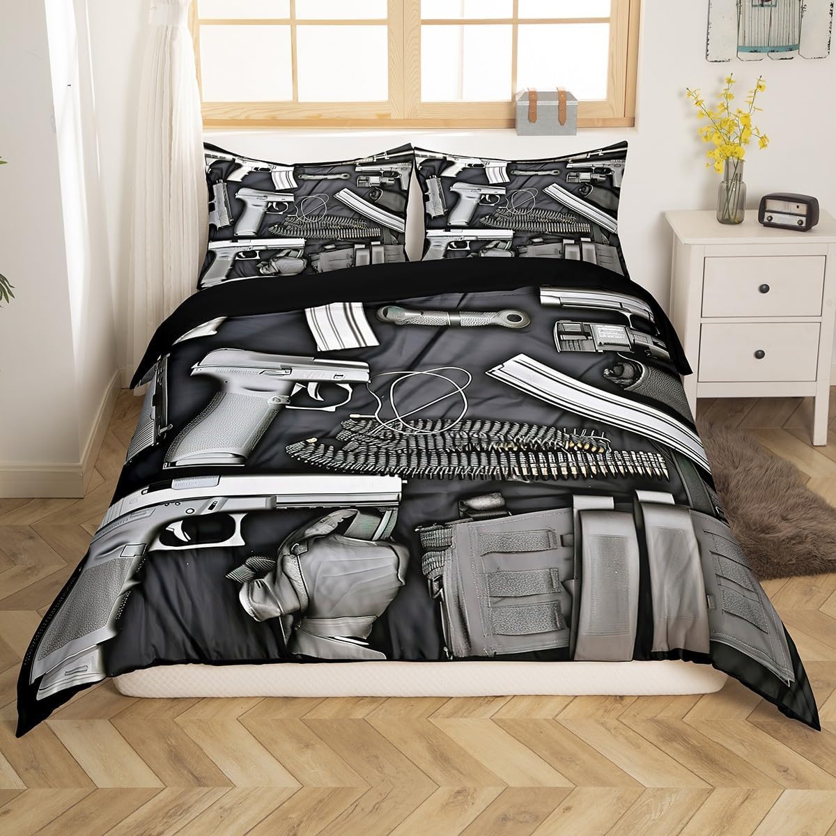 Feelyou Army Rifle Machine Gun Bedding Set Gun Pattern Duvet Cover for Kids Children Teens War Theme Comforter Cover Military Themed Bedspread Cover Bedroom Decor Quilt Cover 3Pcs Full Size