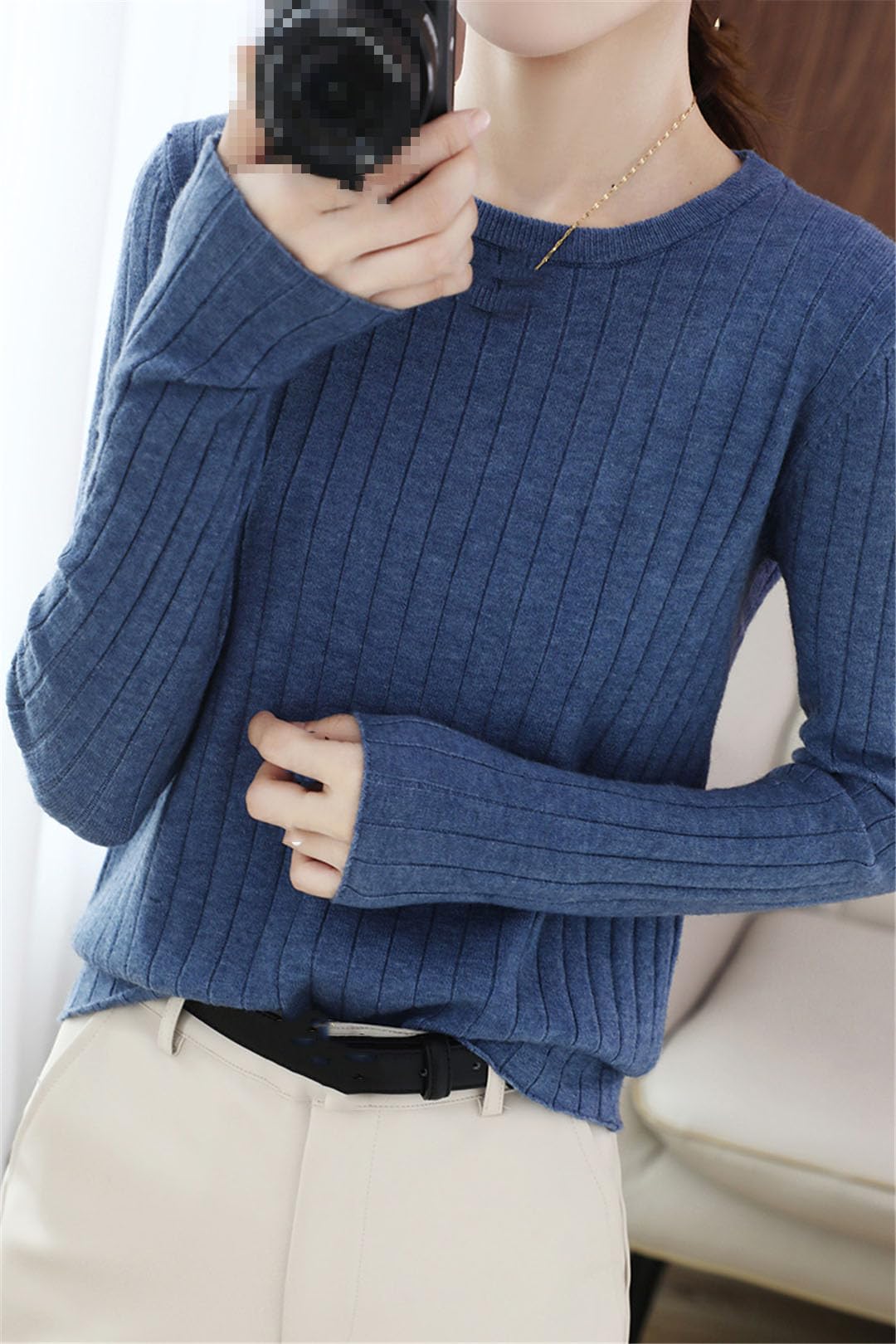 Vogrtcc Pull Tricoté Décontracté À Manches Longues Et Col Rond pour Femme, Coupe Ajustée, Basique, Col Rond
