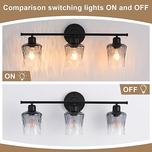 Miniatura 7 de Lámpara de baño de 3 luces, lámpara de tocador negra mate con pantalla de vidrio gris, moderna lámpara de pared de baño E26 para sobre espejo,