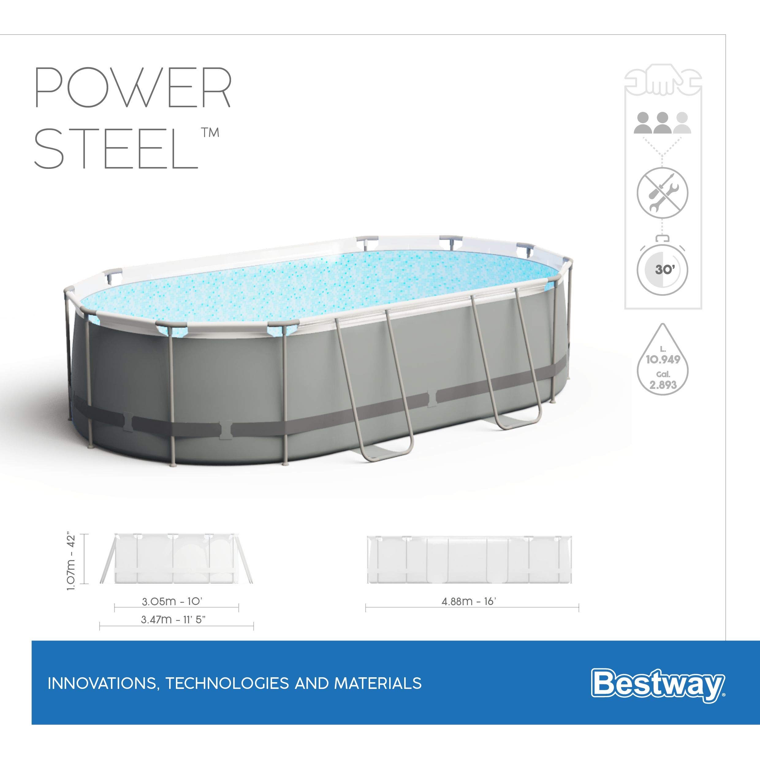 Bestway Power Steel Oval Basen Ogrodowy, Szary, 488 x 305 x 107 cm