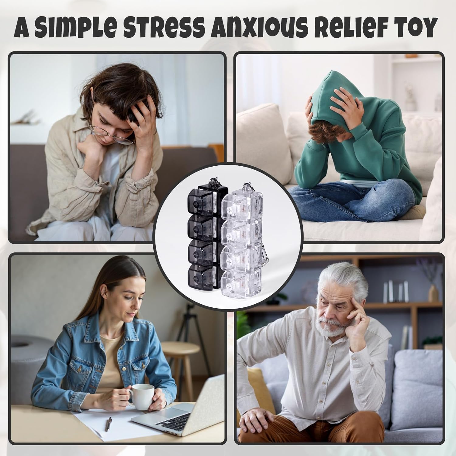 2 Pcs Keyboard Fidget Toy, Quiet & Loud Clicker Fidget Toys for Adults Anxiety Stress Relief, Trendy & Portable Pop Fidget Keychain, Silent Stress Toy Gift for Women Men (Black & Clear)