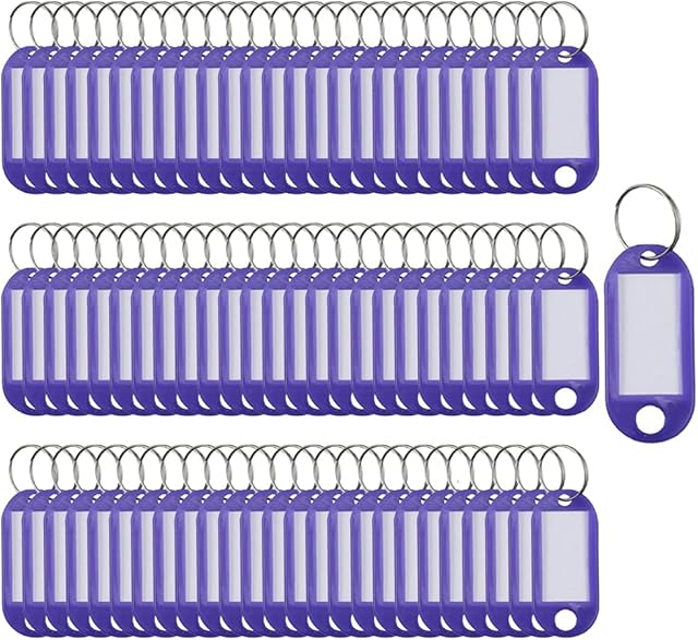 Key Tags SENRISE 100 Pieces Keyring Tags Key Labels Plastic Key Fobs Id Tags Key Rings Name Tags Luggage Id Labels with Labels Split Ring Keyring (Purple)