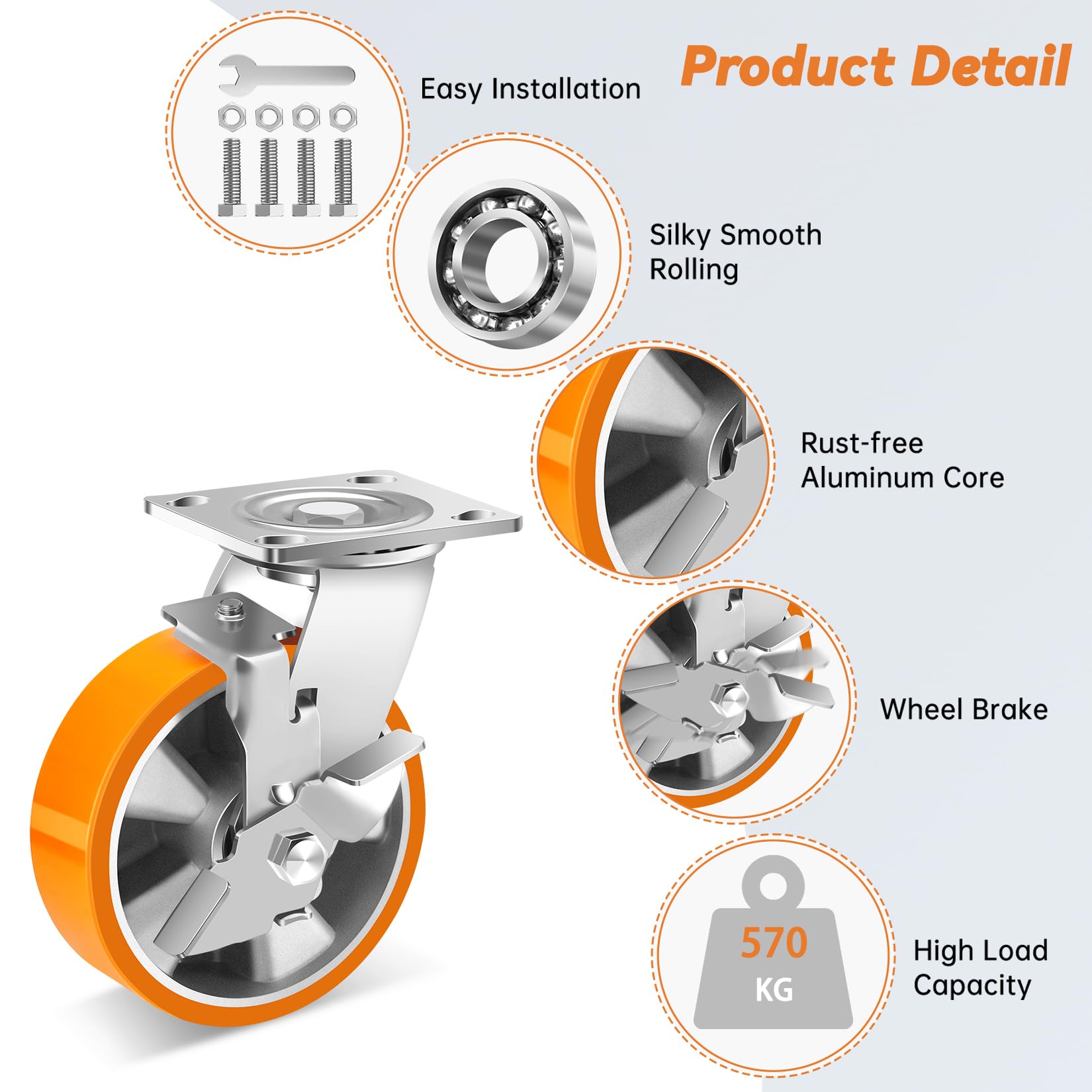 Roulettes Industrielles En Caoutchouc 200 Mm Charge 1450 Kg - 2 Pivotantes, 2 Freinées, Pour Chariots, Meubles