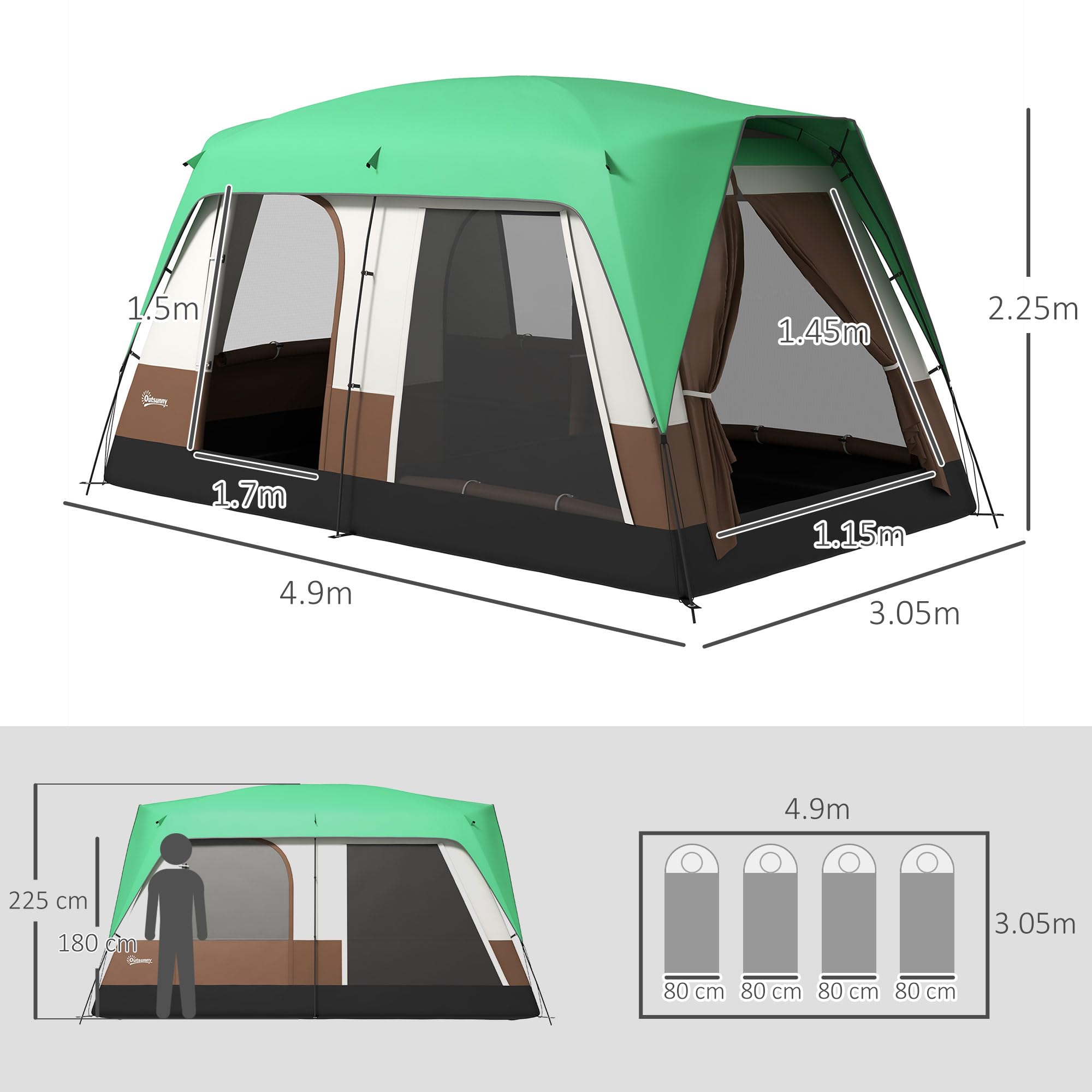 Outsunny Tenda da Campeggio 4 Posti Impermeabile con Finestre a Rete, Tenda a Tunnel in Poliestere, 490x305x225 cm, Verde