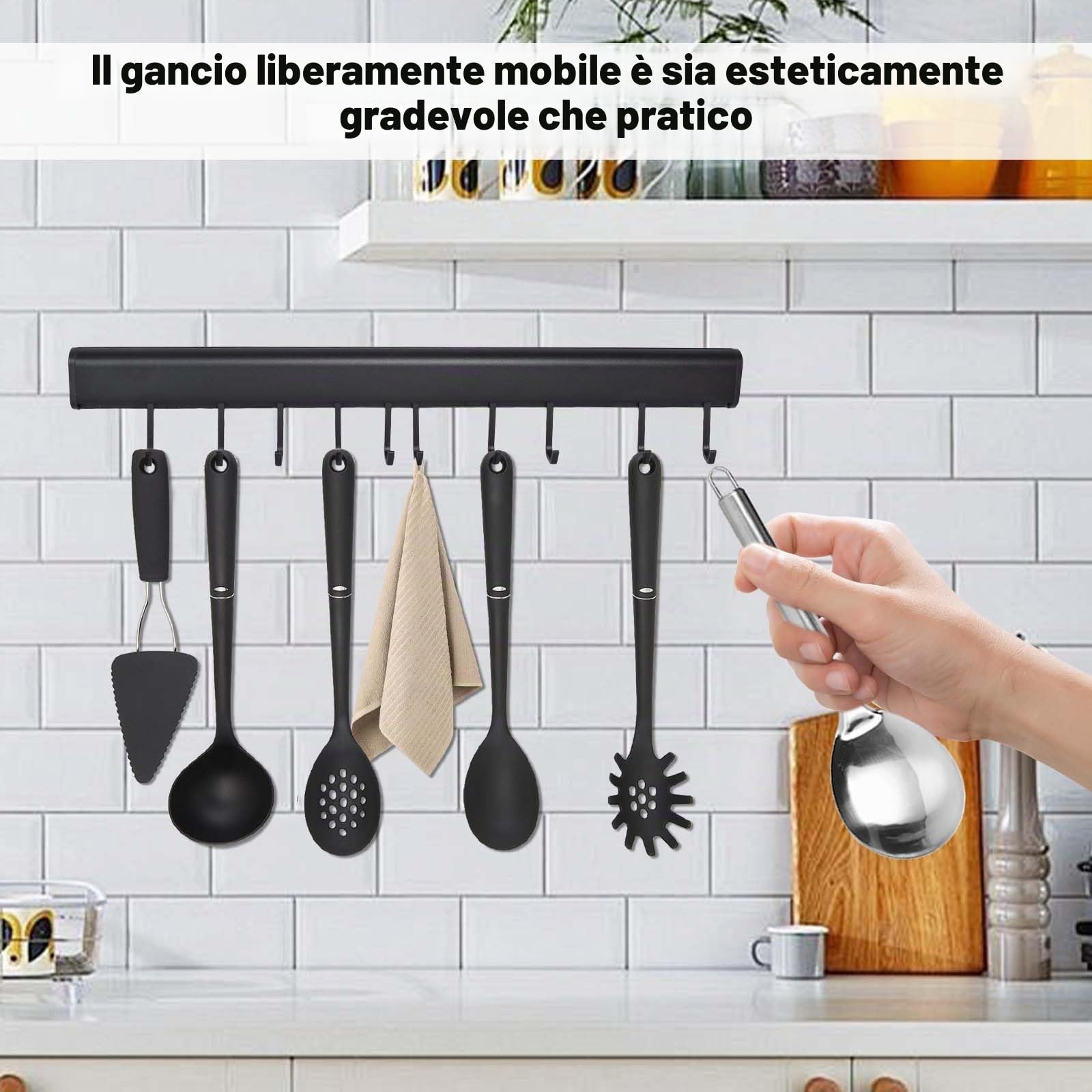 Naapesi Porta Utensili da Cucina, 50cm Barra Portautensili Cucina con 10 Gancio, Porta Mestoli da Cucina per Gadget da Cucina/Pentola/Mestolo, Alluminio, Nero, Autoadesivo, Senza Forare, Salvaspazio