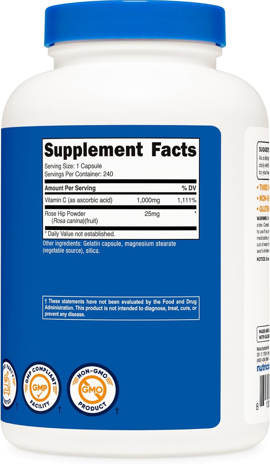 Nutricost Vitamin C with Rose HIPS 1025mg, 240 Capsules (2 Bottles) - Premium Non-GMO, Gluten Free Vitamin C Supplement