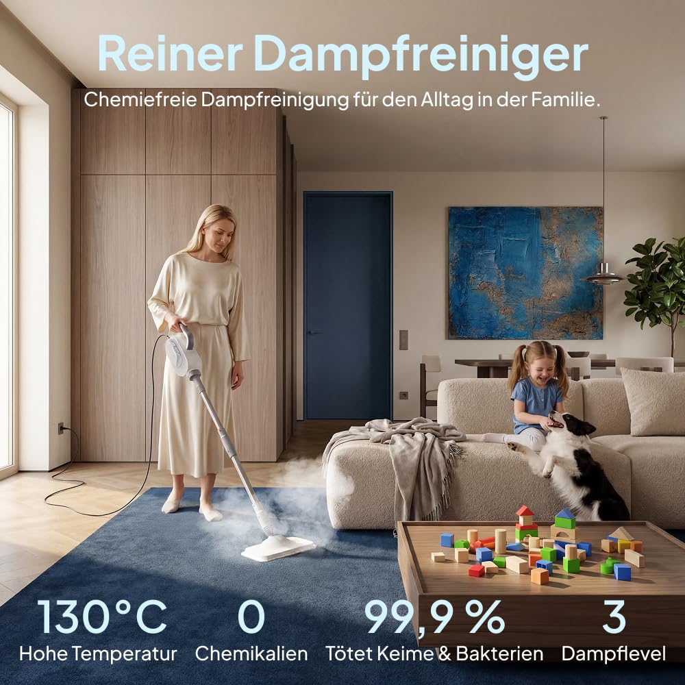 Livatro 13-in-1 Dampfreiniger für Böden mit abnehmbarem Handgerät | Bis zu 130 °C Heißdampf, 3 Dampfstufen, bis zu 30 Min. Dampfreinigung, 5-m-Kabel für Fliesen, Fenster, Küche und Bad