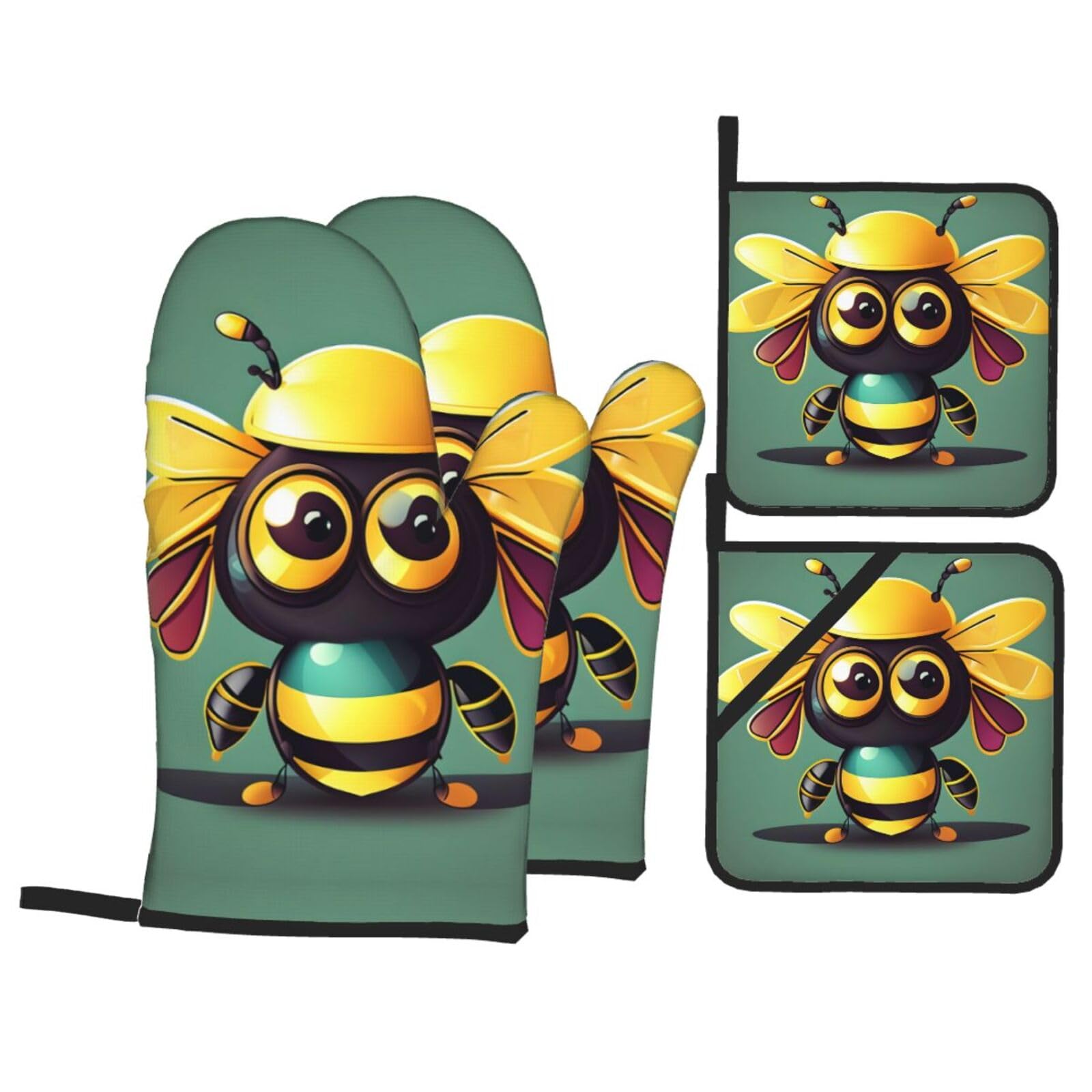 Cartoon Bee Print Oven Mitts,Pot Holders, Heat Resistant Oven Mitts Gloves,Hot Pads for Kitchen Cooking Grill