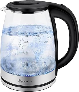 RAINBEAN Electric Kettle Water Boiler, 1.8L Electric Tea Kettle, Hot Water Boiler with LED Light, Auto Shut-Off & Boil Dry Protection, Glass Black