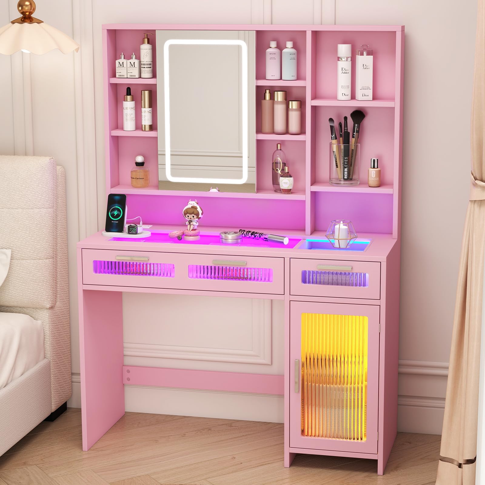 Vanity Desk with Mirror and Lights, Makeup Vanity with Transparent Top & RGB Drawers, Dressing Table with 3 Lighting Modes & Adjustable Brightness,