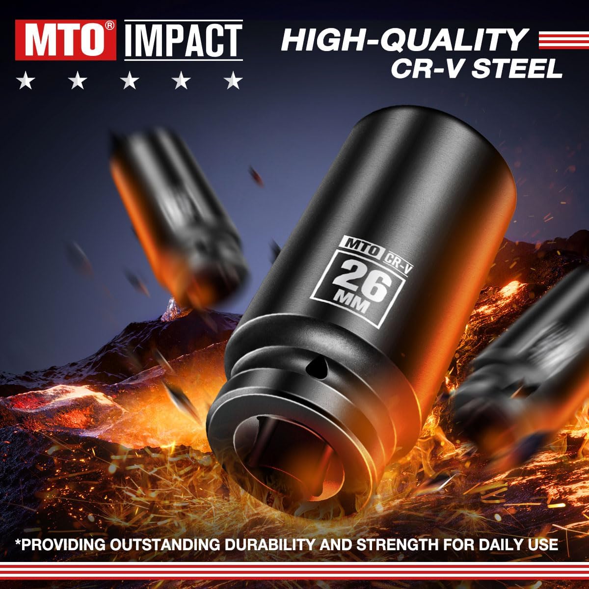 MTO 1/2" Drive 26mm Deep Impact Socket, 6-Point Metric Socket for Automotive Maintaince, CR-V Steel Meets ANSI Standards