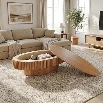 KEIKI 47" Oval Coffee Table with Hidden Storage, Fluted Wood Veneer Center Table for Living Room, Modern Mid Century Storage Coffee Table with Lift-Off Lid, Large Accent Tea Table for Apartment, Wood