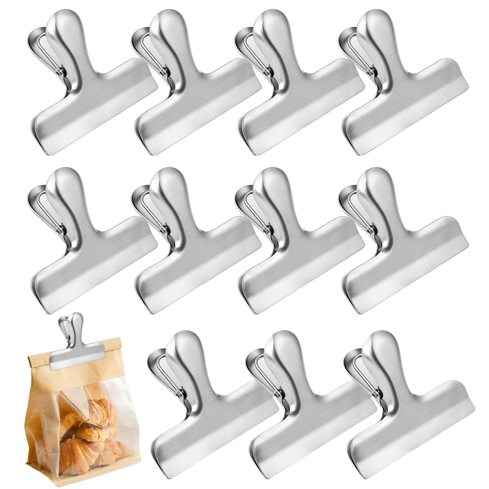 12 Pcs Stainless Steel Bag Clips, 3 inch Food Bag Clip Metal Kitchen Clip, for Sealing Bread Bags, Coffee Beans, and More, Large Bulldog Clips for Kitchen Office Freezer Use and Food Storage
