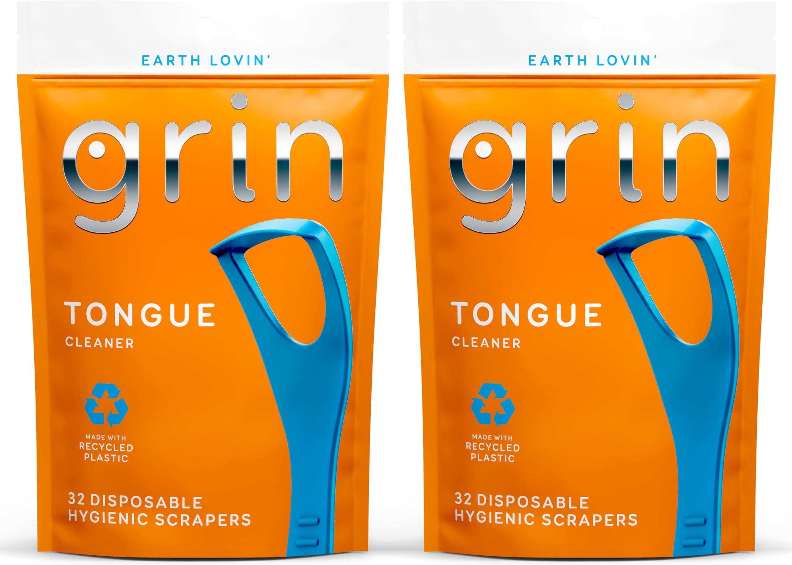 GRIN Tongue Cleaner, 32 Count, Disposable Tongue Cleaner, Hygienic Scraper, Recycled Plastic, Clean Tongue, Promote Fresh Breath, Includes Safe Fold- Back Tooth Pick (Pack of 2)