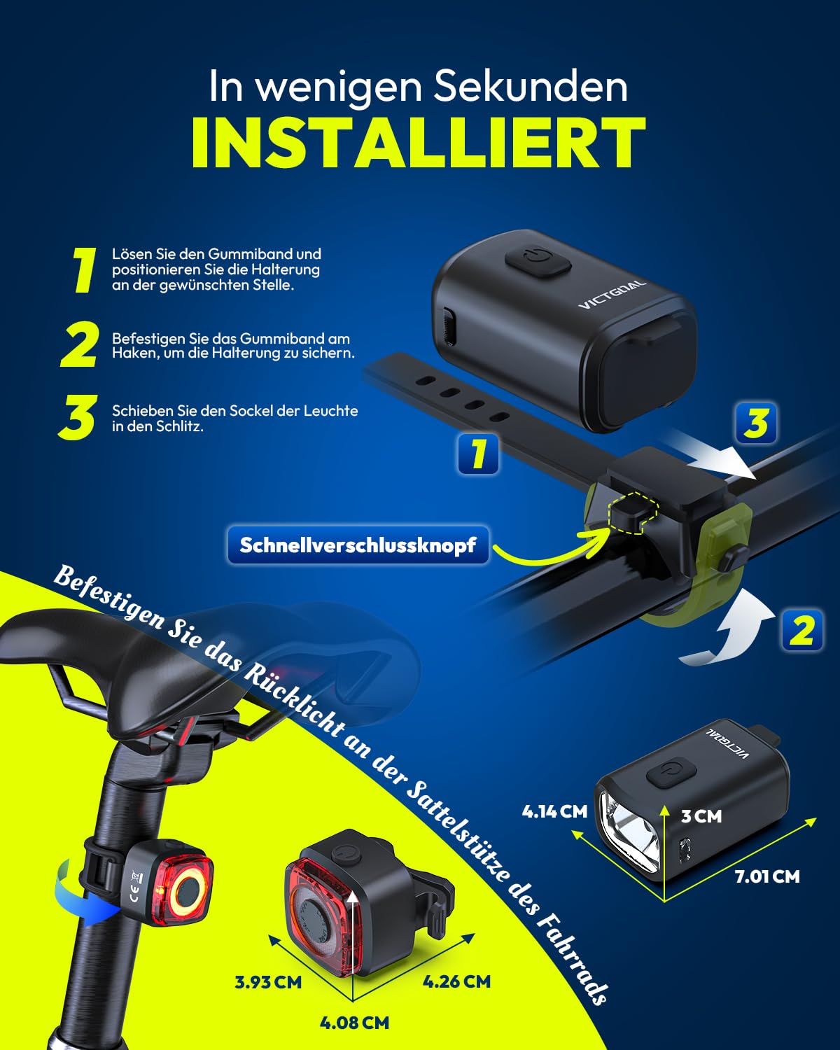 VICTGOAL Fahrradlampe Set StVZO Zugelassen, 50 Lux Fahrrad Lichter LED Set mit IPX5 Wasserdicht, Fahrradbeleuchtung Set Fahrradlicht USB C Aufladbar für Nachtradfahren
