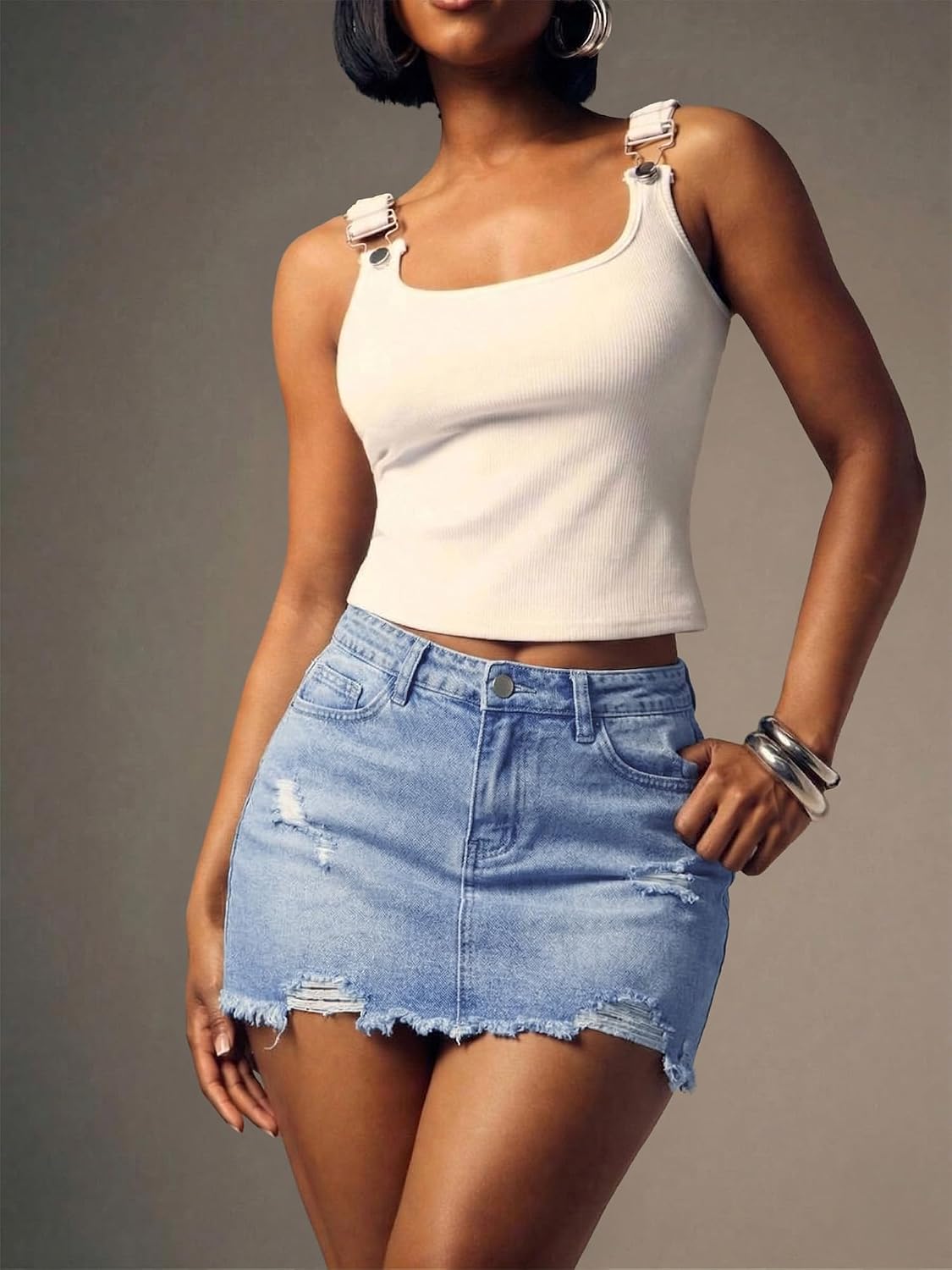 ELLEVEN Women’s Ripped Denim Mini Skirt, Y2K Frayed Raw Hem Bodycon Jean Skirt