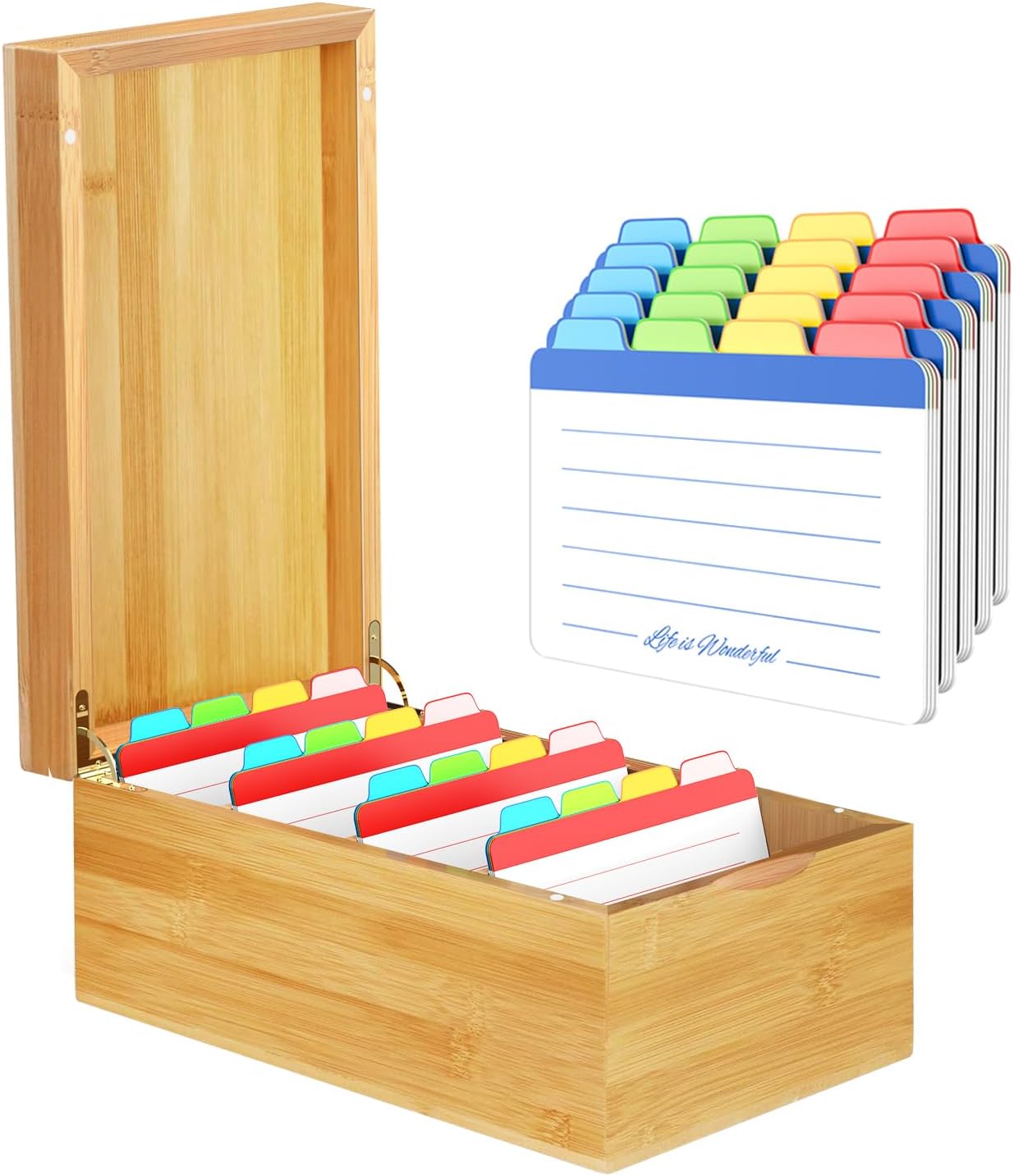 Neando Bamboo Recipe Card Organizer for 4x6 Cards  Wooden Index Card Storage Box with Lid, 4 Compartments, 600-Card Capacity, Includes 20 Tabbed Guides  Natural Kitchen Filing System