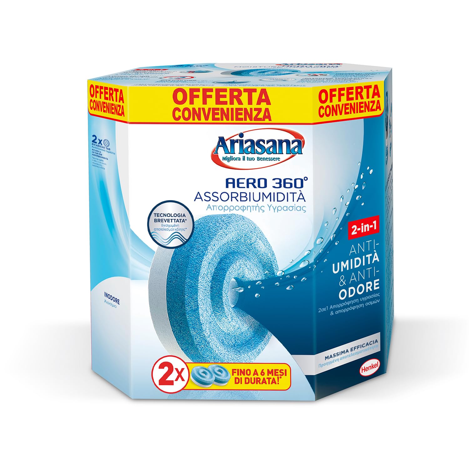 Ariasana Aero 360° Ricarica TAB inodore per dispositivo Aero 360° kit, assorbi umidità in Tab neutra, neutralizza i cattivi odori e assorbe l'umidità, 2 TAB da 450g