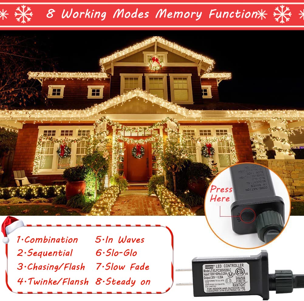 Christmas Lights Outdoor, 105FT 300 LED String Lights Indoor With 8 Modes, End-to-End Plug, UL Certified, Waterproof Fairy Lights for Xmas Tree Decorations Garden Party (Warm White)
