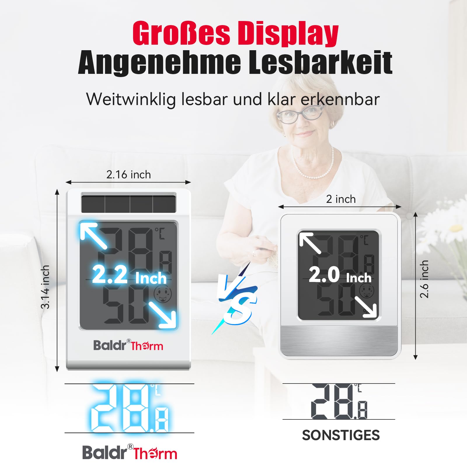 2,2" Digitales Thermometer und Hygrometer, solarbetriebener Innenraum-Temperatur- und Feuchtigkeitssensor, Feuchtigkeitsmesser für Babyzimmer, Schlafzimmer, Zuhause (Weiß - 3 Stück)