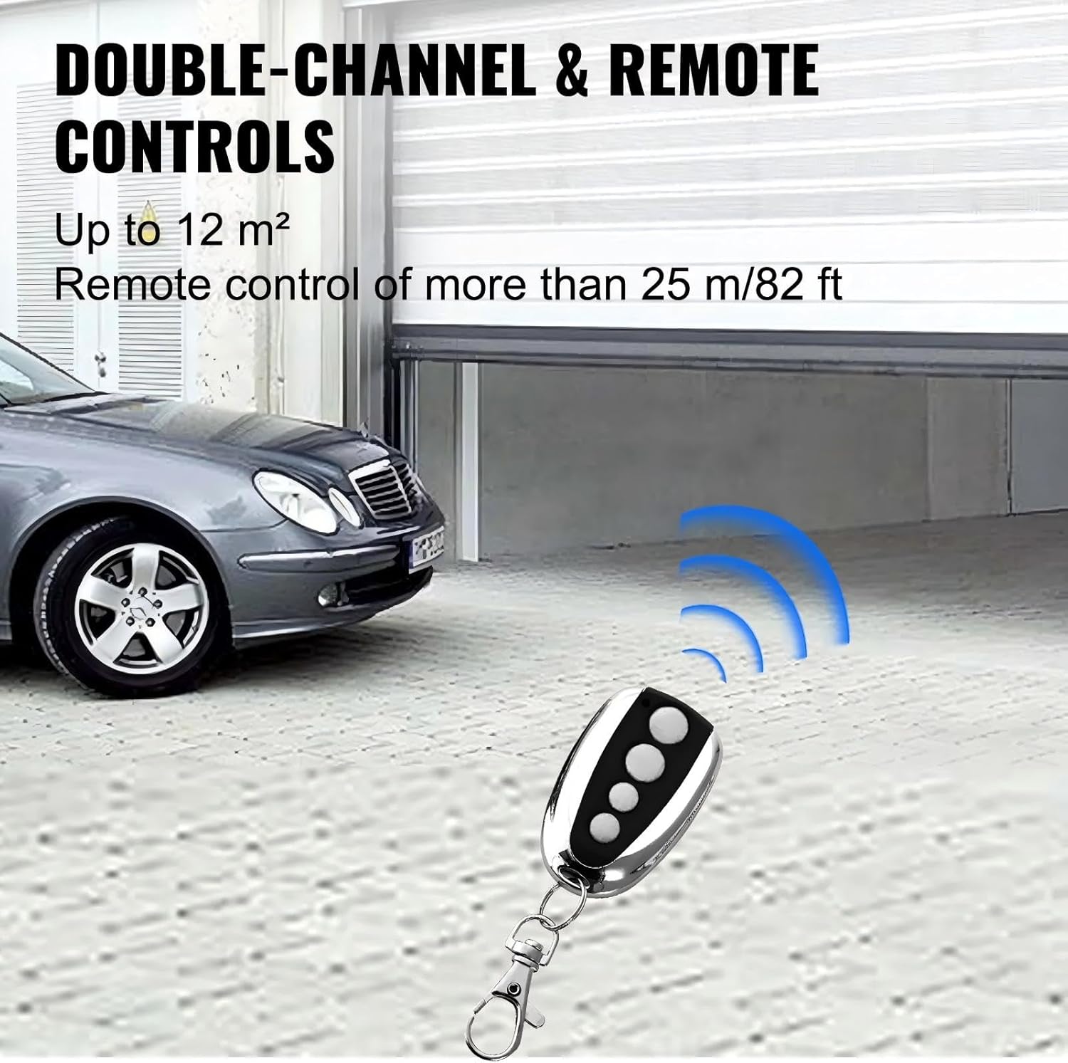 Remote control operating a garage door with a car in the driveway