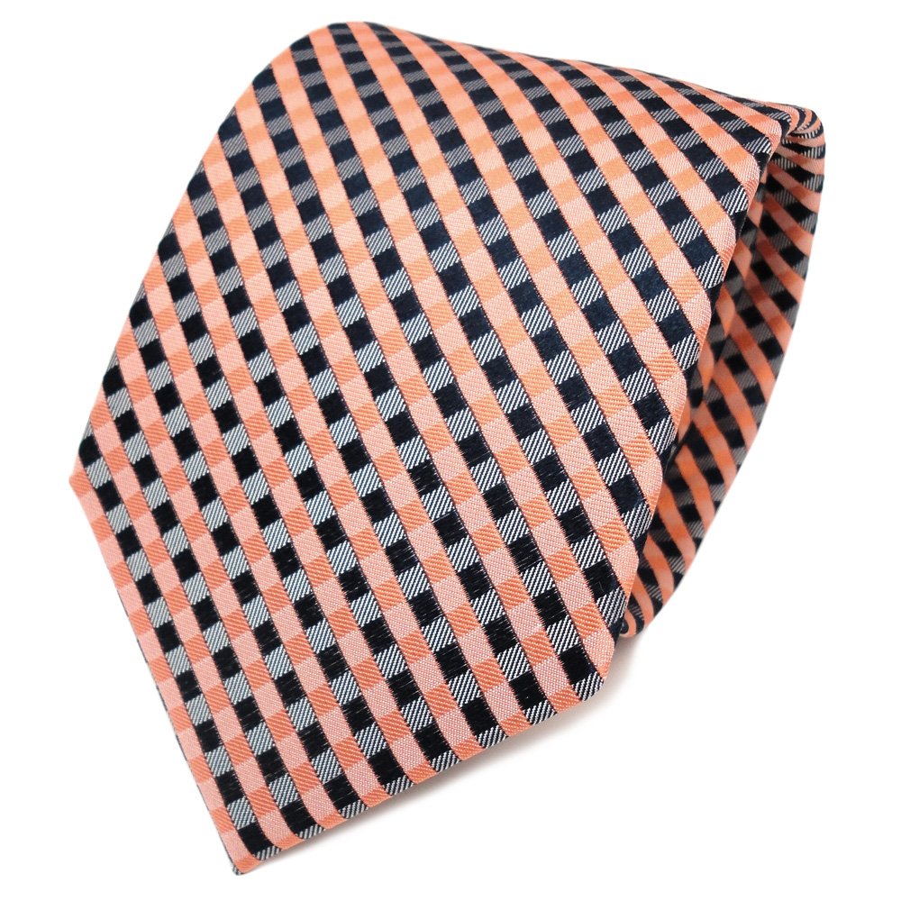 Tigertie Men's Orange Salmon Royal Grey Designer Silk Tie In Checked, Width 8 Cm, One Size