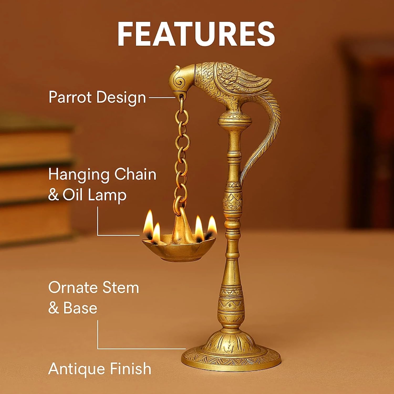 LoveNspire 2 PC Parrot Brass Oil Diya Kerala Samai Puja Diya Traditional 7.5 Inches Bird Pair Hanging Chain Oil Lamp Hindu Religious Kathu Vilakku Deepak for Home Temple Diwali Decor Housewarming Gift