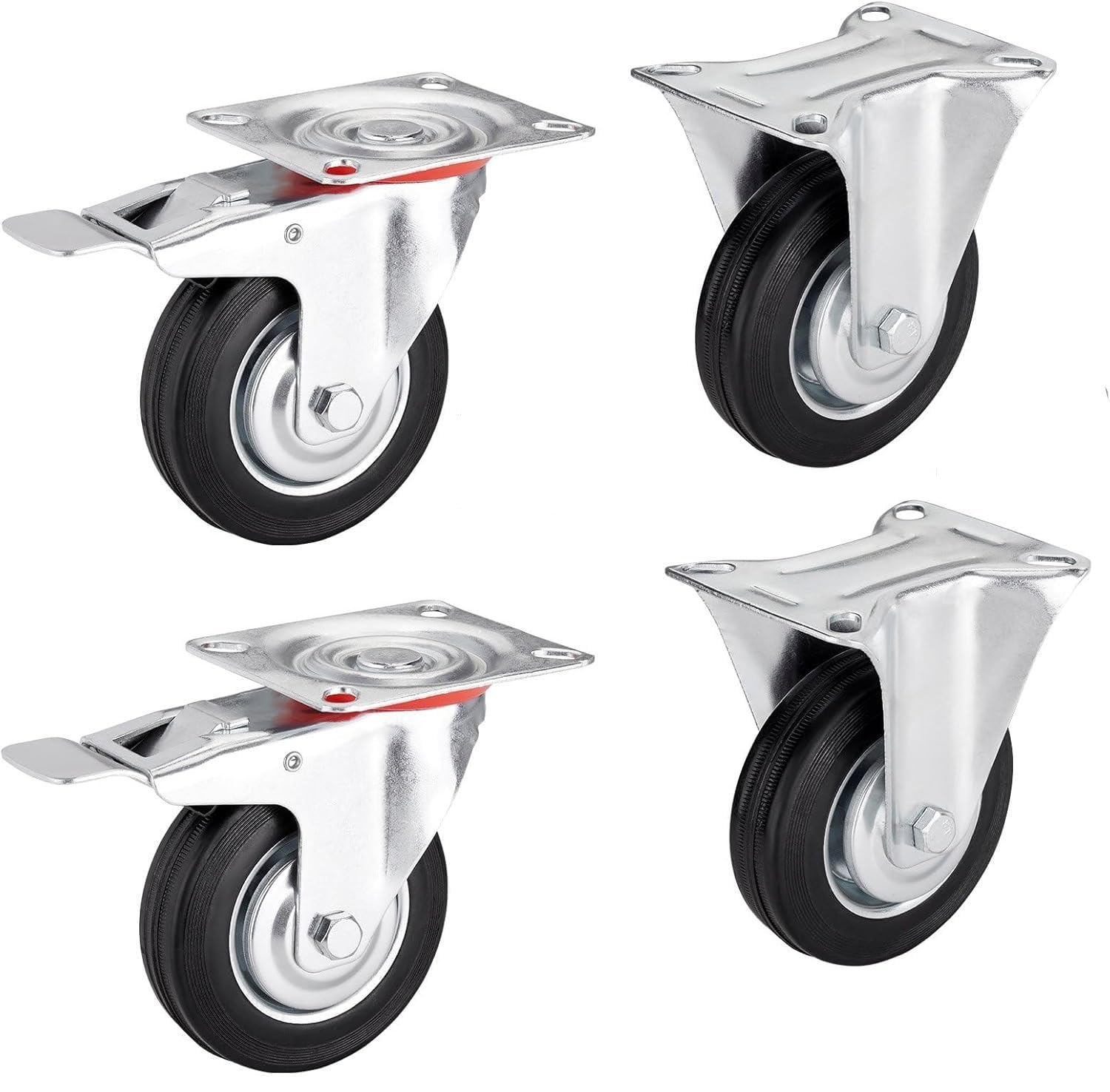 4er SET SOTECH Transportrollen RED Ø 200 mm Traglast bis 440 Kg | (2x Bockrollen, 2x Lenkrollen mit Bremse) Höhe 232 mm, Anschraubplatte 130 x 102 mm Transportlenkrolle
