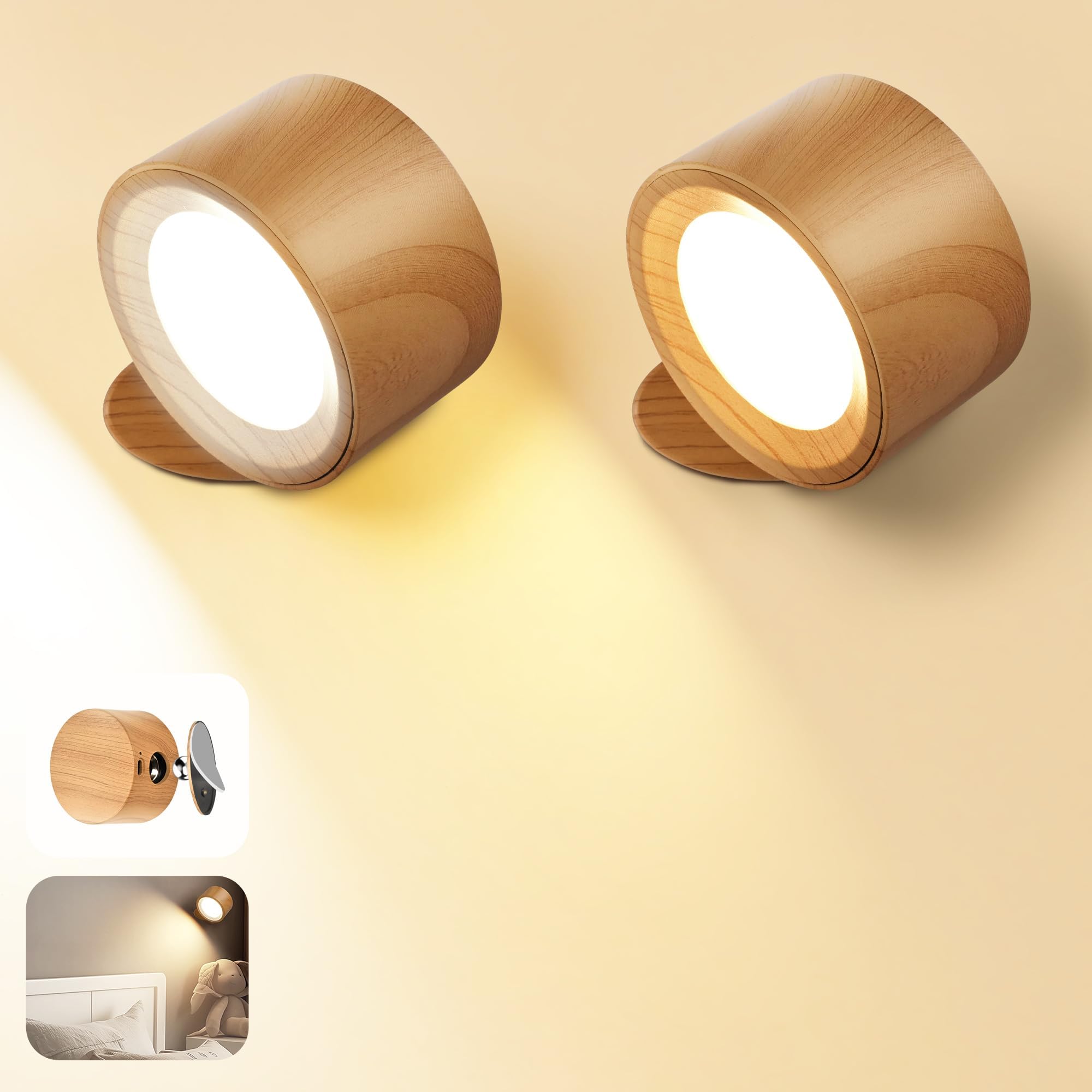 Wall Mounted Lamp LED Wall Lights with Rechargeable Battery Operated, 3 Color Temperatures & 3 Brightness Levels 360°Rotate Magnetic Ball, Cordless Sconces for Reading Bedroom Bedside,Wood-2 Pack