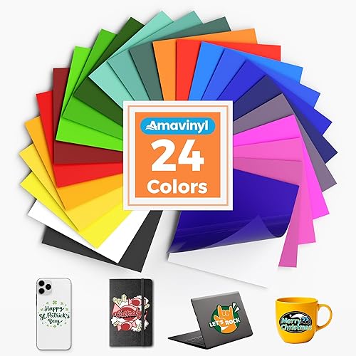 Hojas de vinilo permanentes, 24 colores de 12 x 12 pulgadas, paquete de vinilo adhesivo impermeable para Cricut, Silhouette, cortadores de camafeo y
