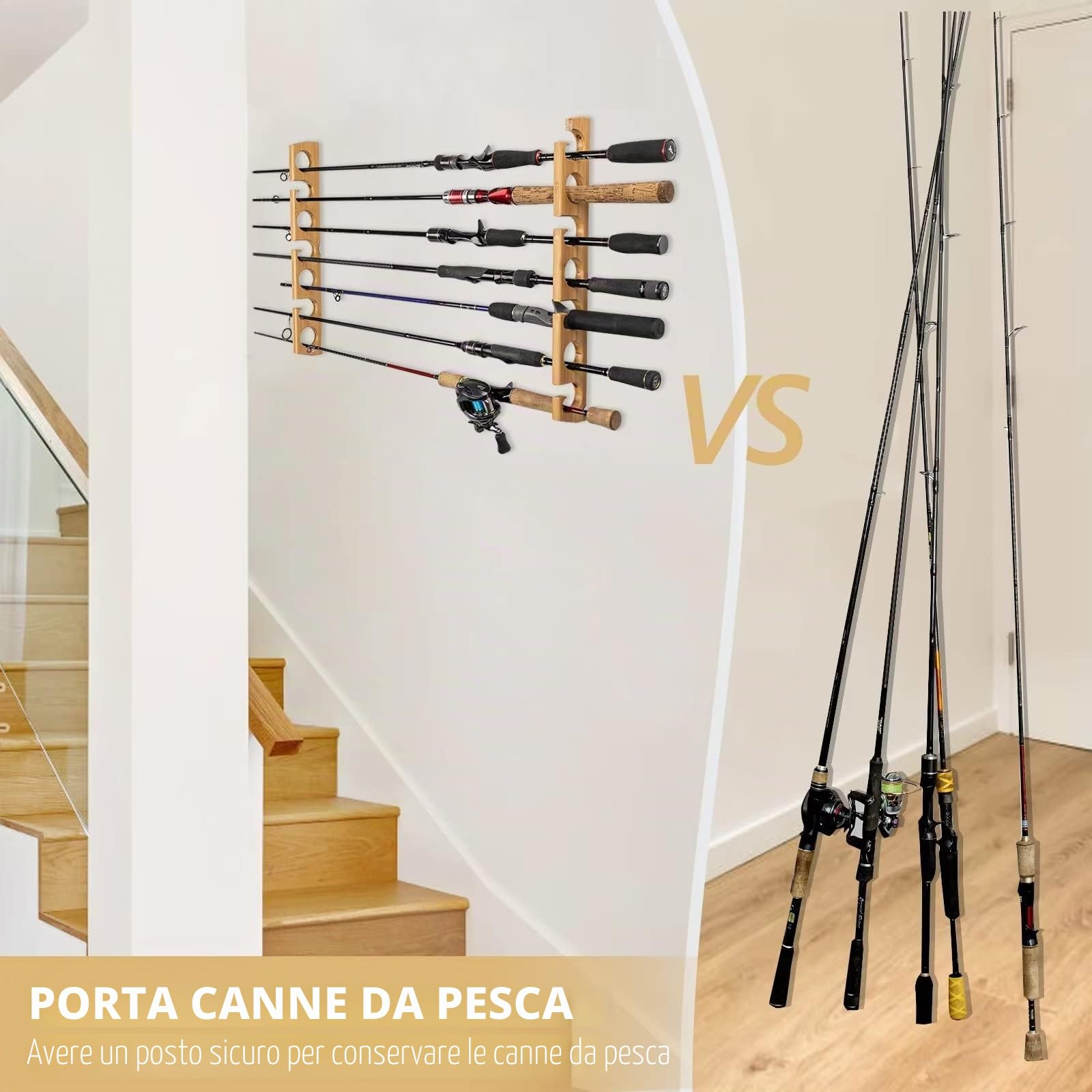 THKFISH Porta Canne da Pesca da Muro Portacanne da Pesca per Garage in Legno Bastone da Pesca Wall Rack Store 7 combo di canne da pesca, 1 coppia Orizzontali