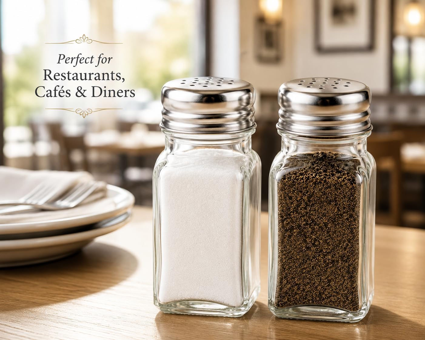 Salt and Pepper Shakers Set of 2 Clear Glass with Stainless Steel Lids for Kitchen Table Restaurant Diner Seasoning