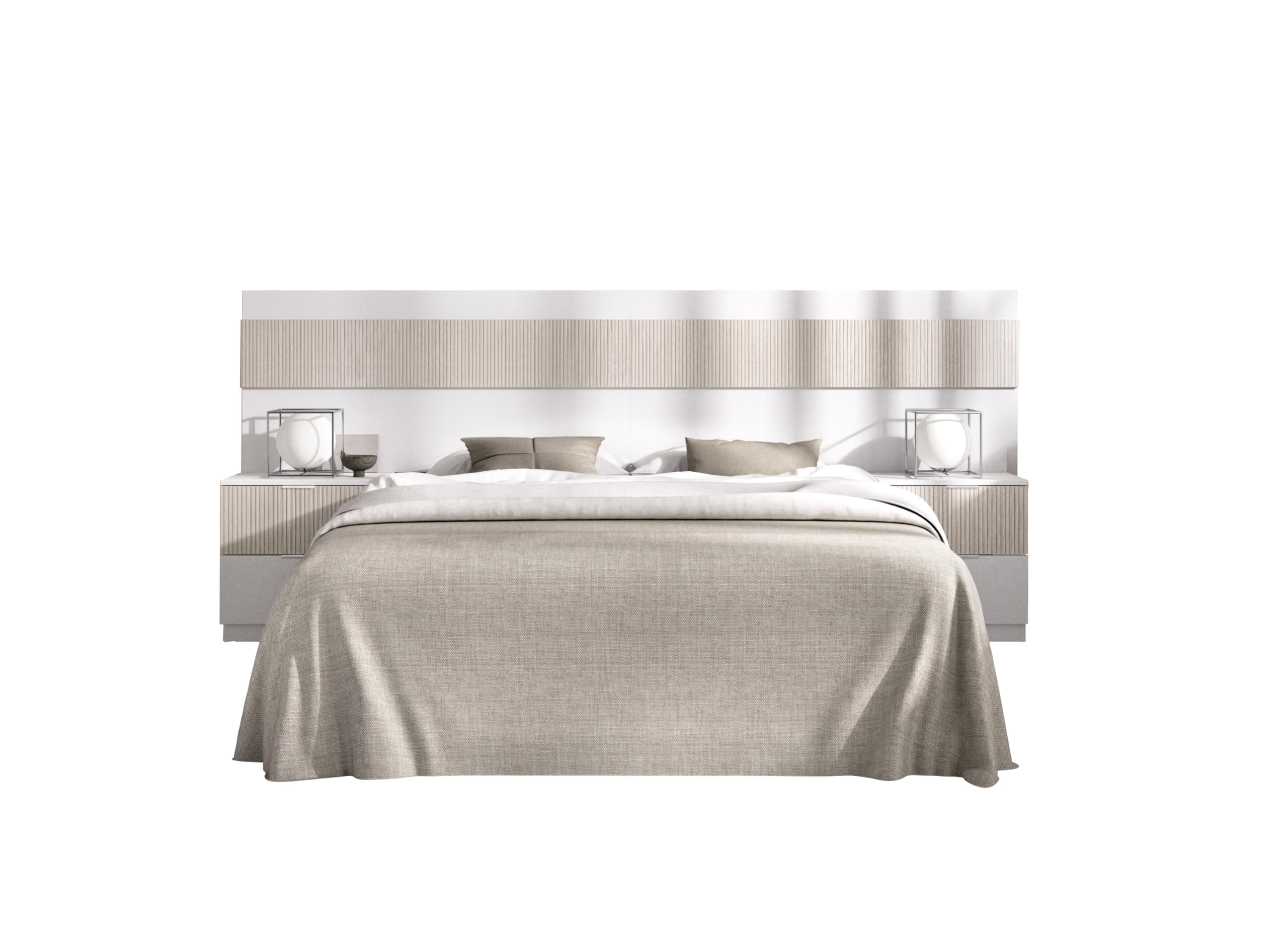 DEKIT GRUPO RIMOBEL BIANCA - Cabecero con mesitas de dos cajones para cama de matrimonio - BLANCO / ALISTONADO - 95 x 248 x 34 cm