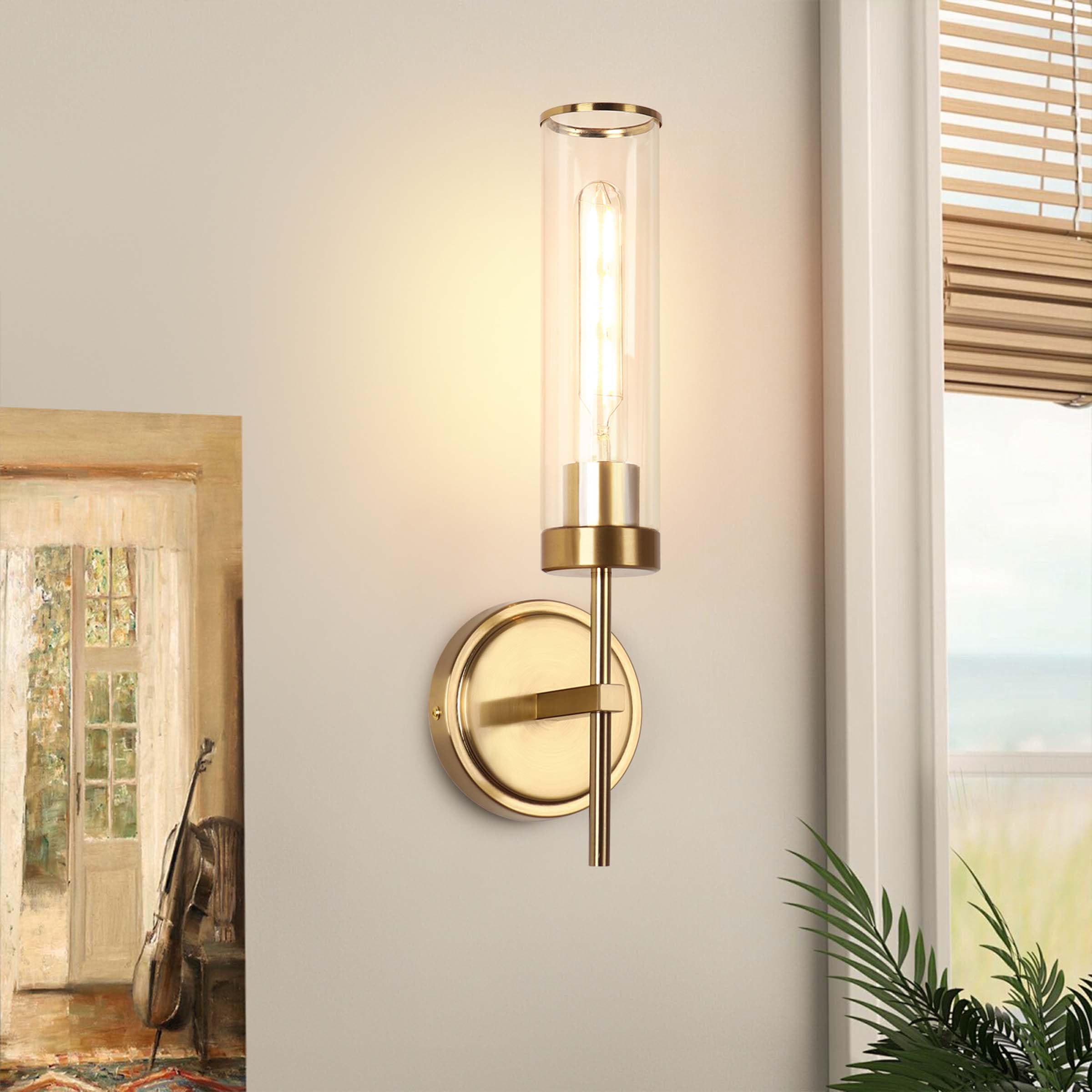 Juego de dos apliques de pared, modernos apliques de baño, iluminación de pared de 16 pulgadas, 60 W, apliques de pared dorados cepillados con pantalla de vidrio transparente para sala de 2