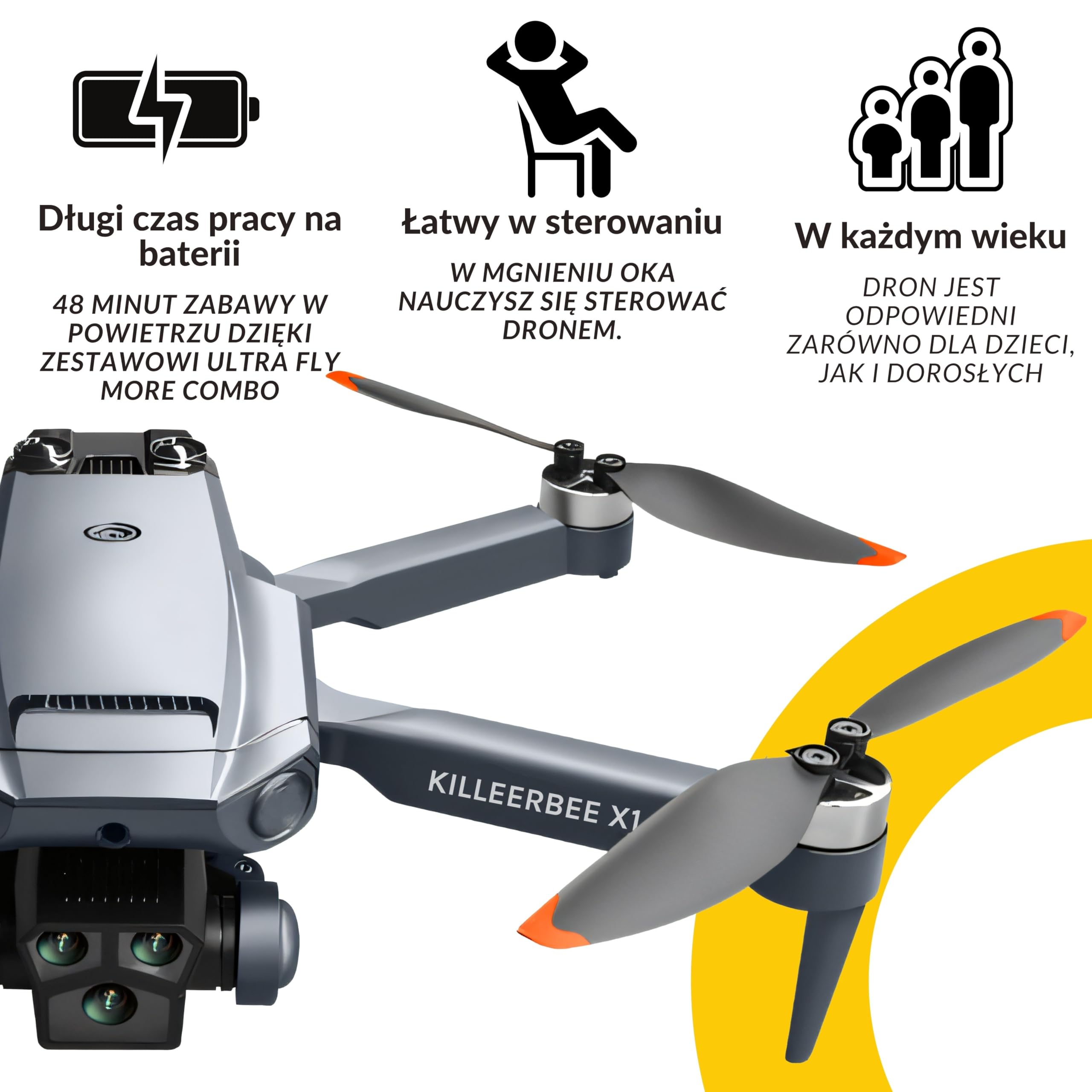 Killerbee X1 SE Sky Predator – dron z podwójną kamerą – dla dzieci i dorosłych – silniki bezszczotkowe – zestaw Ultra Fly More Combo – 48 minut czasu lotu – w zestawie torba i 4 akumulatory