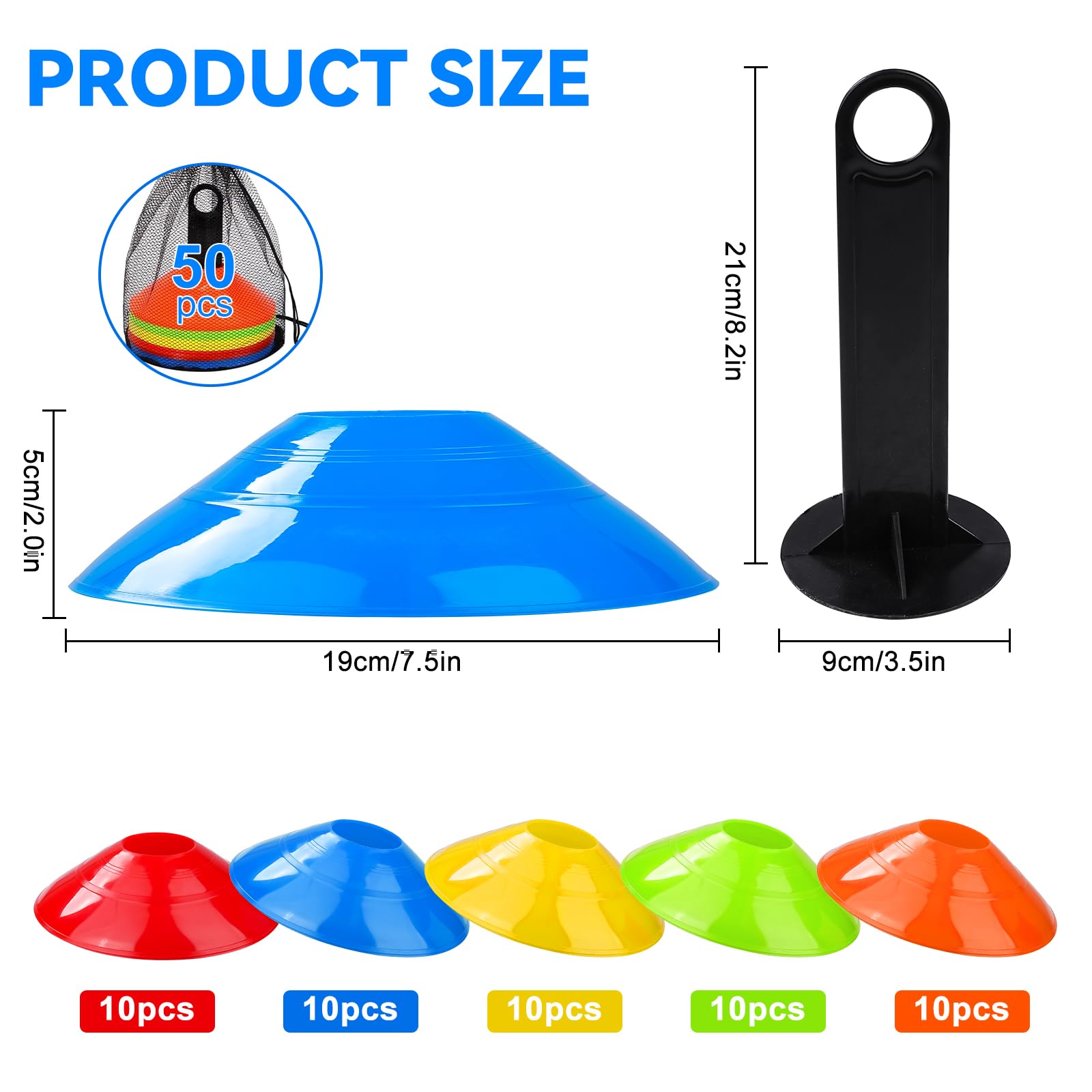 Lot De 50 Cônes Plats LOVIVER – 15,3 Cm, PP, 5 Couleurs, Sac De Transport – Marquage Sportif, Entraînement Football