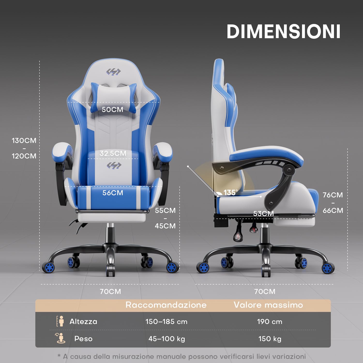 HLFURNIEU Sedia Gaming Massaggiante, Sedia Gamer con Poggiapiedi e Cuscino Lombare Massaggiante, Poltrona Gaming Regolabile in altezza, Schienale Regolabile 90°-135°, Portata 150kg (Bianco e Blu)