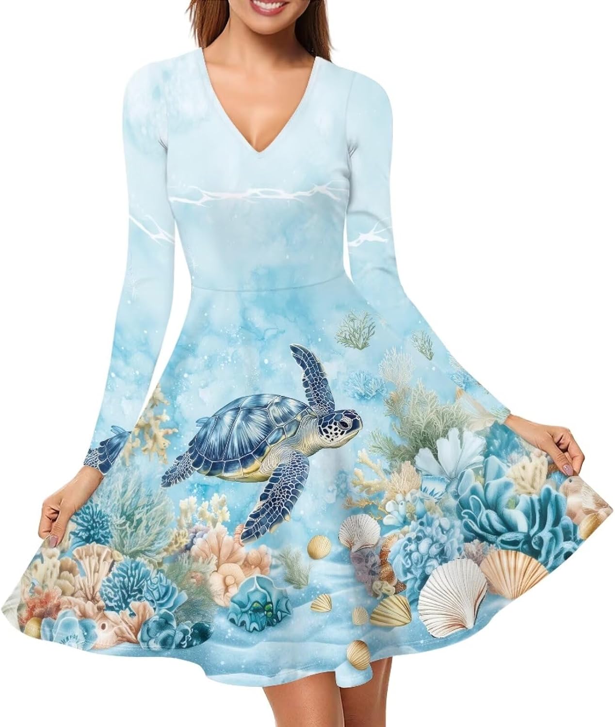 Forchrinse Galaxy Blue Space Womens Long Sleeve Swing Shift Dress V Neck Tunic Dress Elegant Party Club Midi Dresses