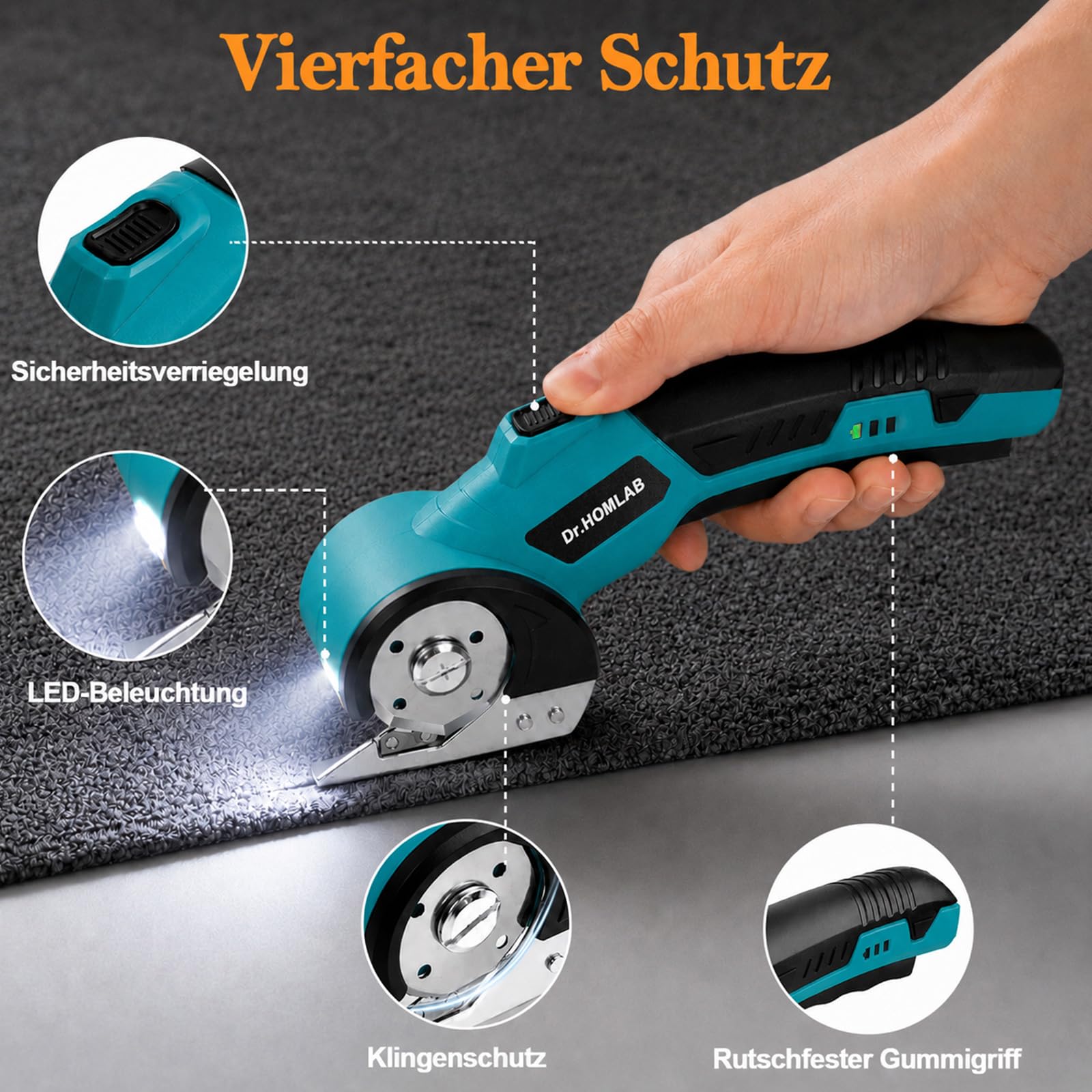 Kartonschneider, Elektrische Schere, Teppichschneider, Kabelloser Rollschneider mit 4,2V Wiederaufladbarem, 3 Selbstschärfenden Klingen, LED-Licht für Stoff, Papier, Karton, Teppich, Leder - Blau